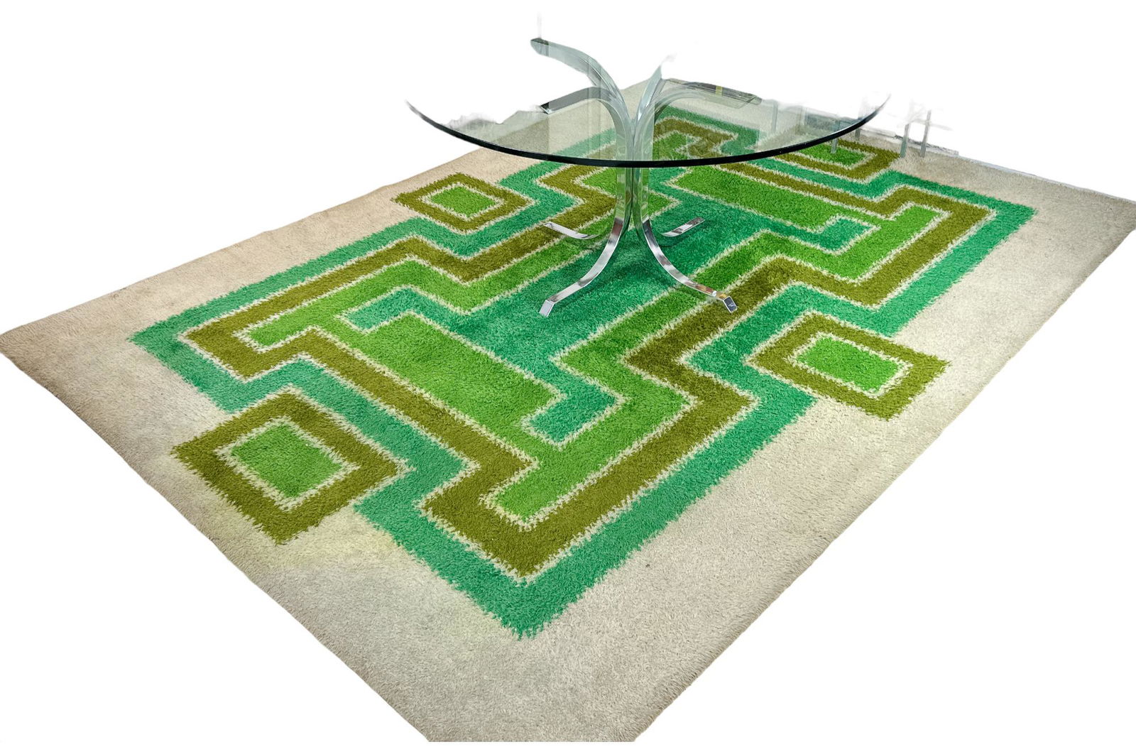 Mid Century White and Green Geometric Rya Rug (1 of 15)