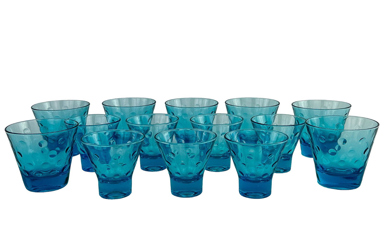 Hazel Atlas Glass, Turquoise Glass, Capri Dot Rocs Glasses: Larger Glass Measures 3 5/8" x 3 1/4" H Smaller Glass Measures 3 1/4" x 3"