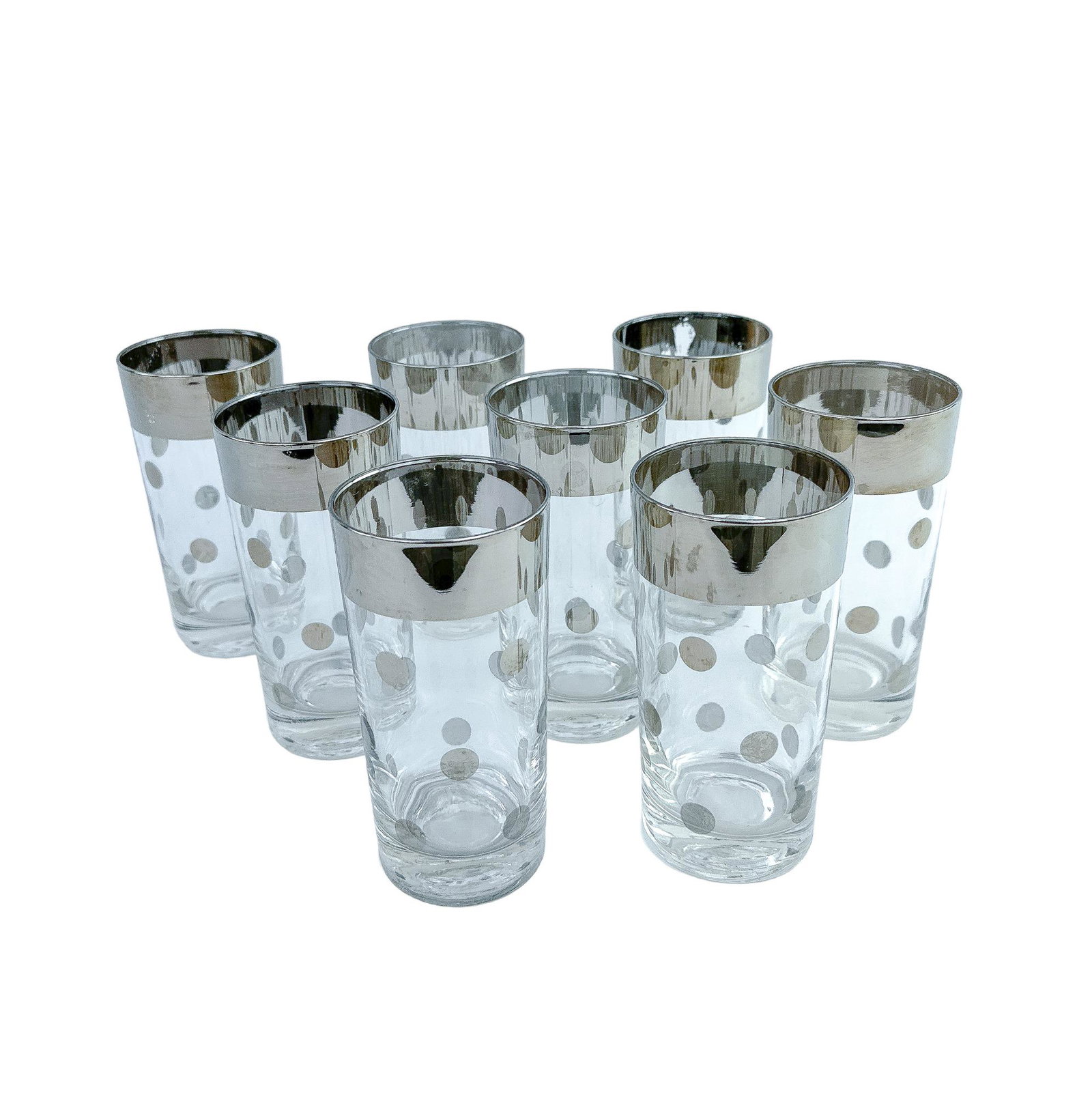 Dorothy Thorpe Style, Silver Rimmed And Dot Mid Century HighBall Glasses: Measure 2 3/4" x 5 1/2" H