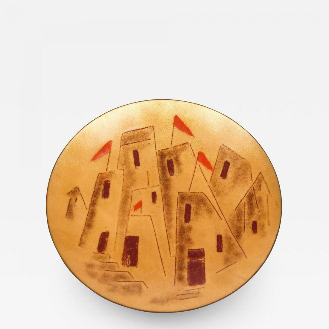 Dorthy Beerman Metal and Enamel Plate: Dorothy Beermann created a colorful design of towers with windows harkening to European buildings of the 15th Century. The plate’s underside is a muted burgundy and grey enamel.Signed on the und