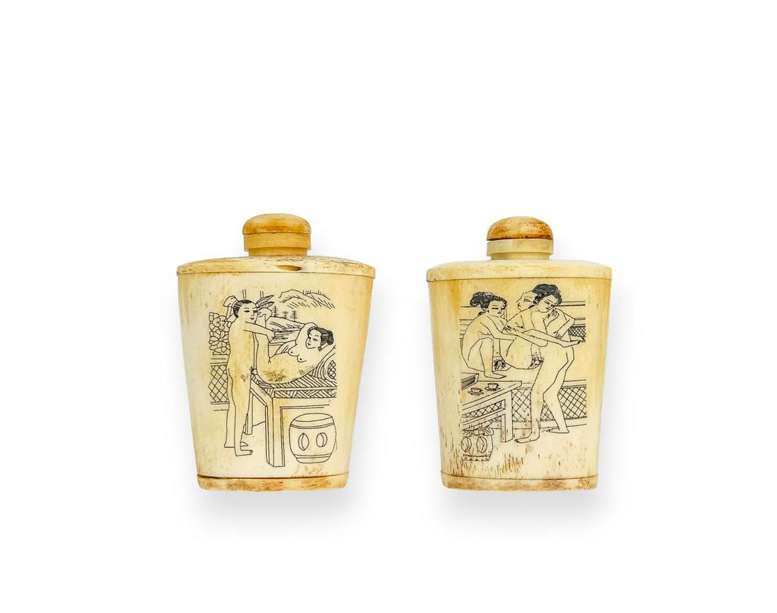 19th century Snuff Jars: 2 Chinese Antique Snuff Jars with dispensers, erotic etching in bone.