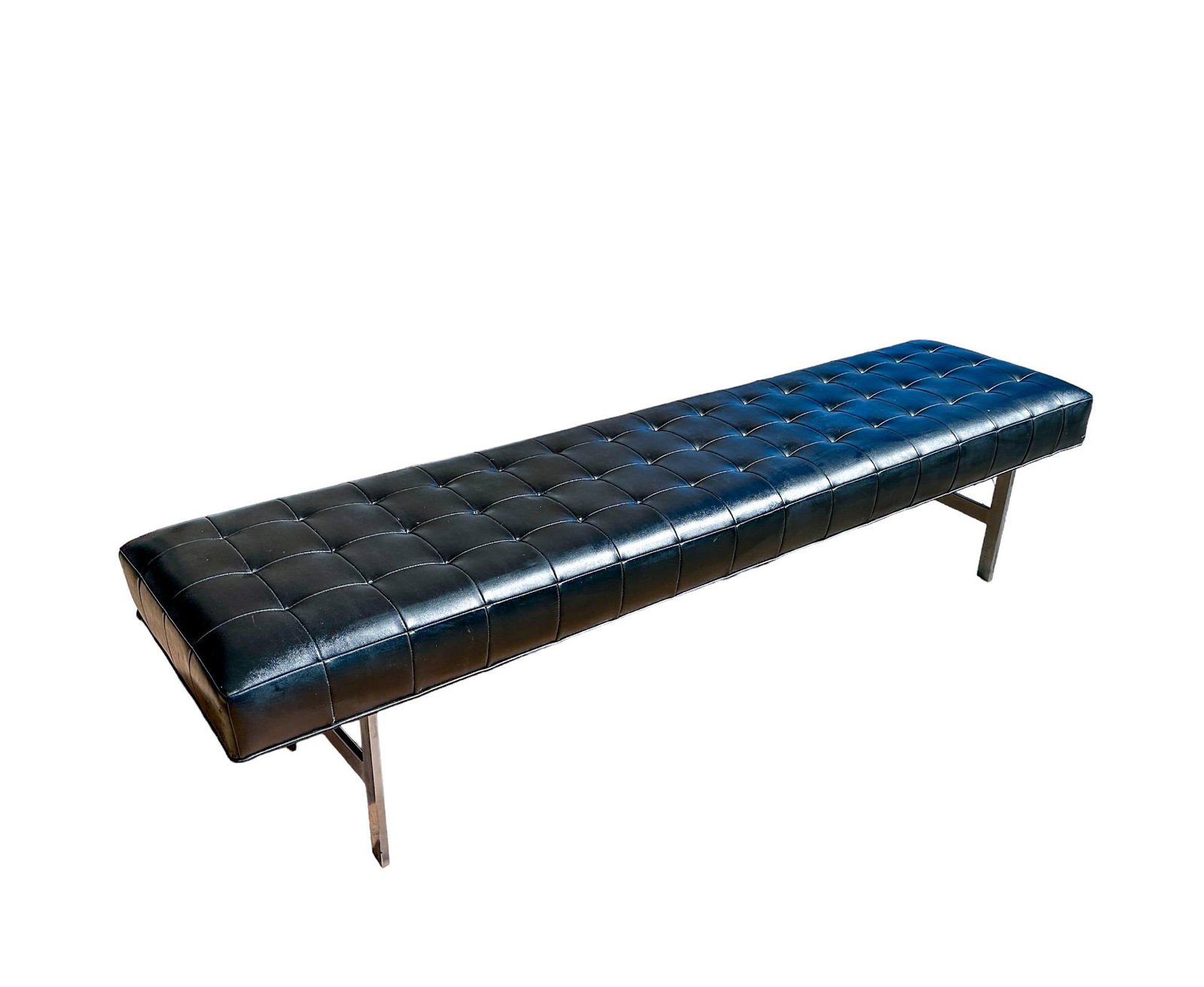 72" Wide Tufted Black Leather Bench; Style of Mies Ven Der Rohe (1 of 9)