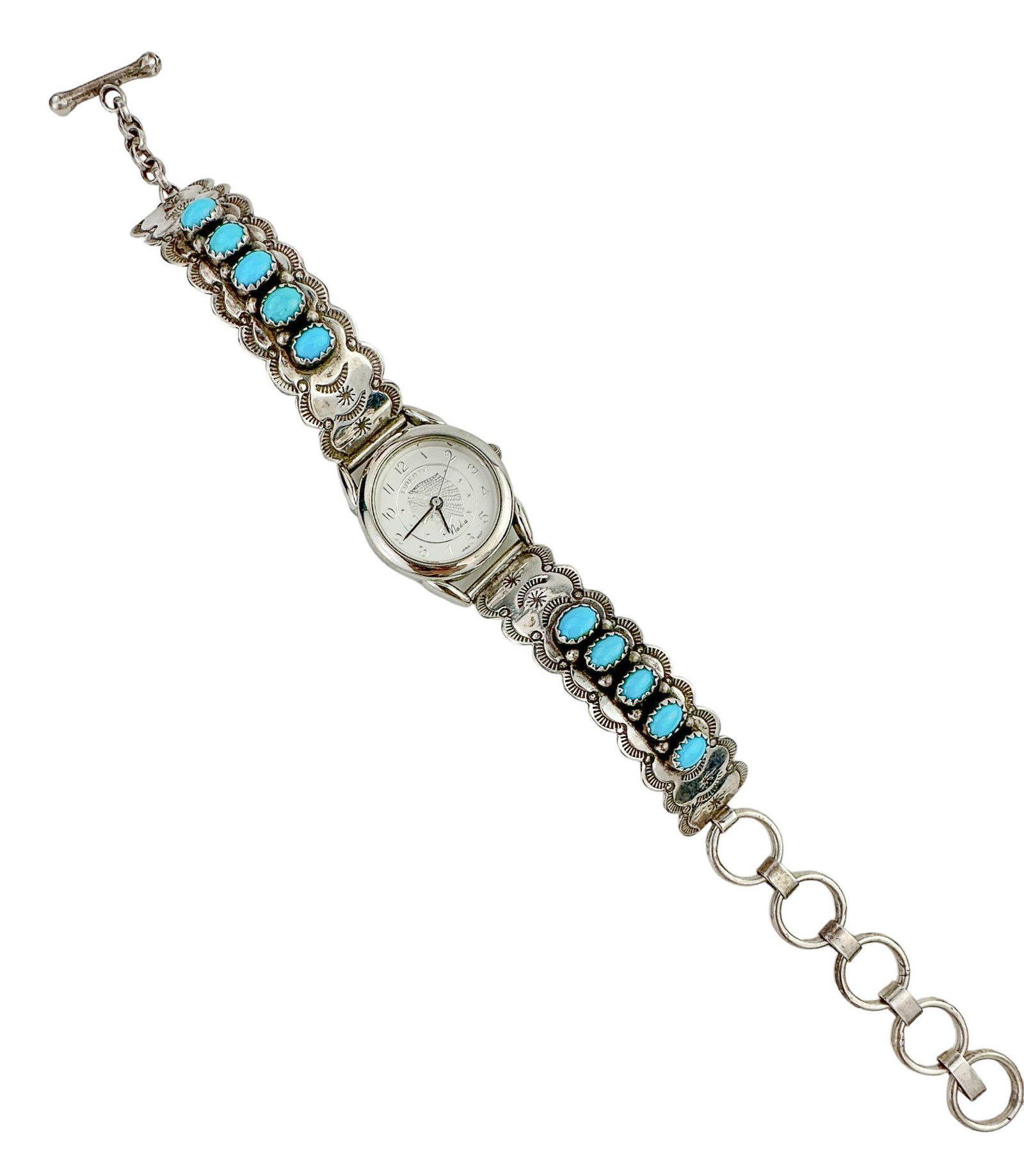 Zuni Petit Point Sterling and Turquoise Ladies Wrist Watch Bracelet (1 of 18)