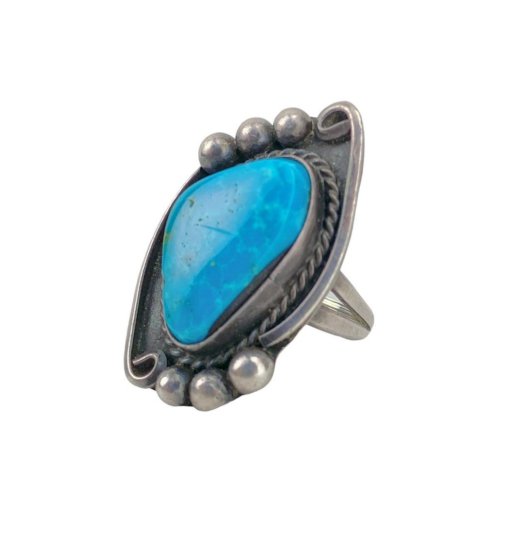 Sterling Silver and Turquoise Navajo Ring, Size 8 Twisted Rope Interior Flanked by Six Sphere (1 of 8)