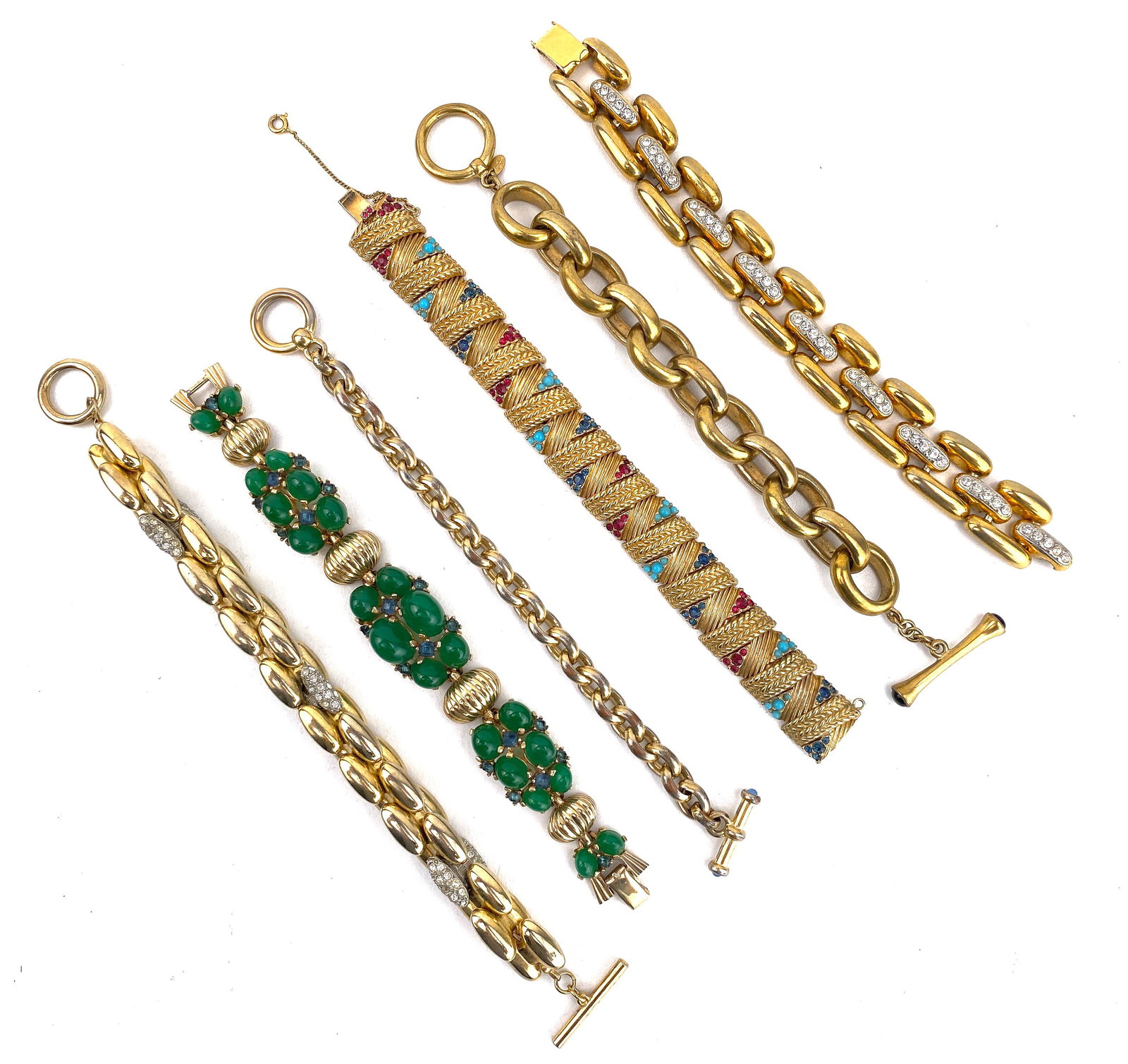 6 Vintage Gold Tone Cocktail Bracelets, Nice Heavy Weights.  Two simple cable chain, Two with white (1 of 12)