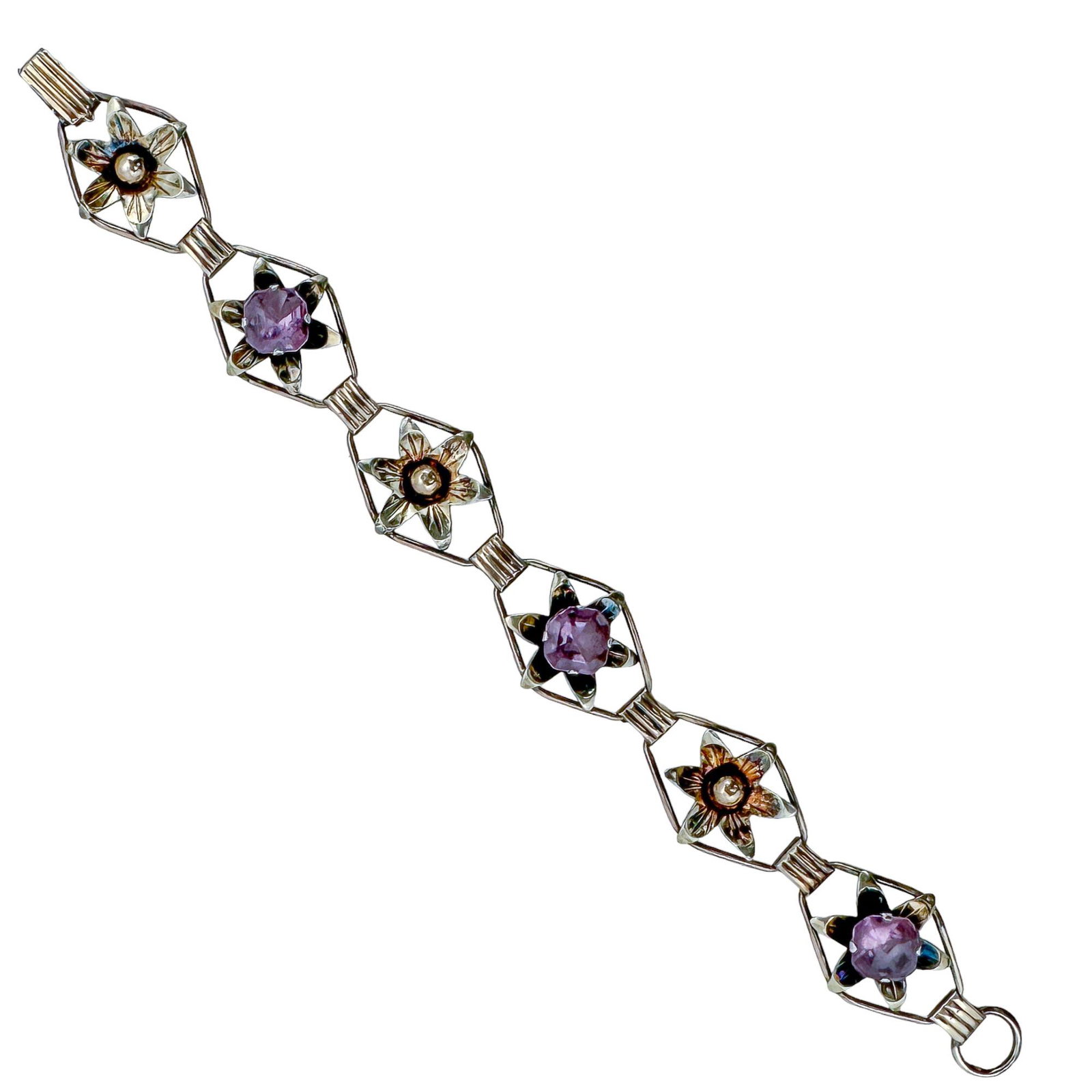 Antique 14kt Gold over Sterling with Amethyst Stone Flower Panel Bracelet (1 of 8)