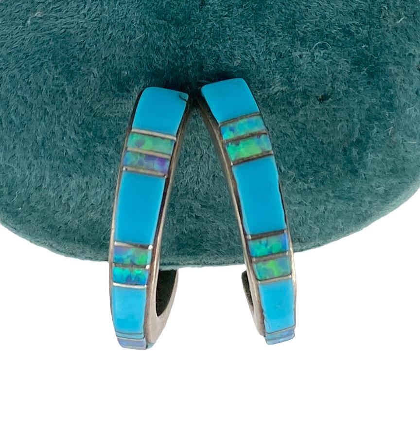 Sterling Silver, Turquoise and Fire Opal Hoop Earrings (1 of 9)