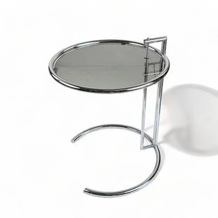 Vintage Chrome and Glass Gueridon; Eileen Gray Style: 20 x 19 3/4" Adjustable height setting at highest 34 1/4"; lowest setting 24 1/2"