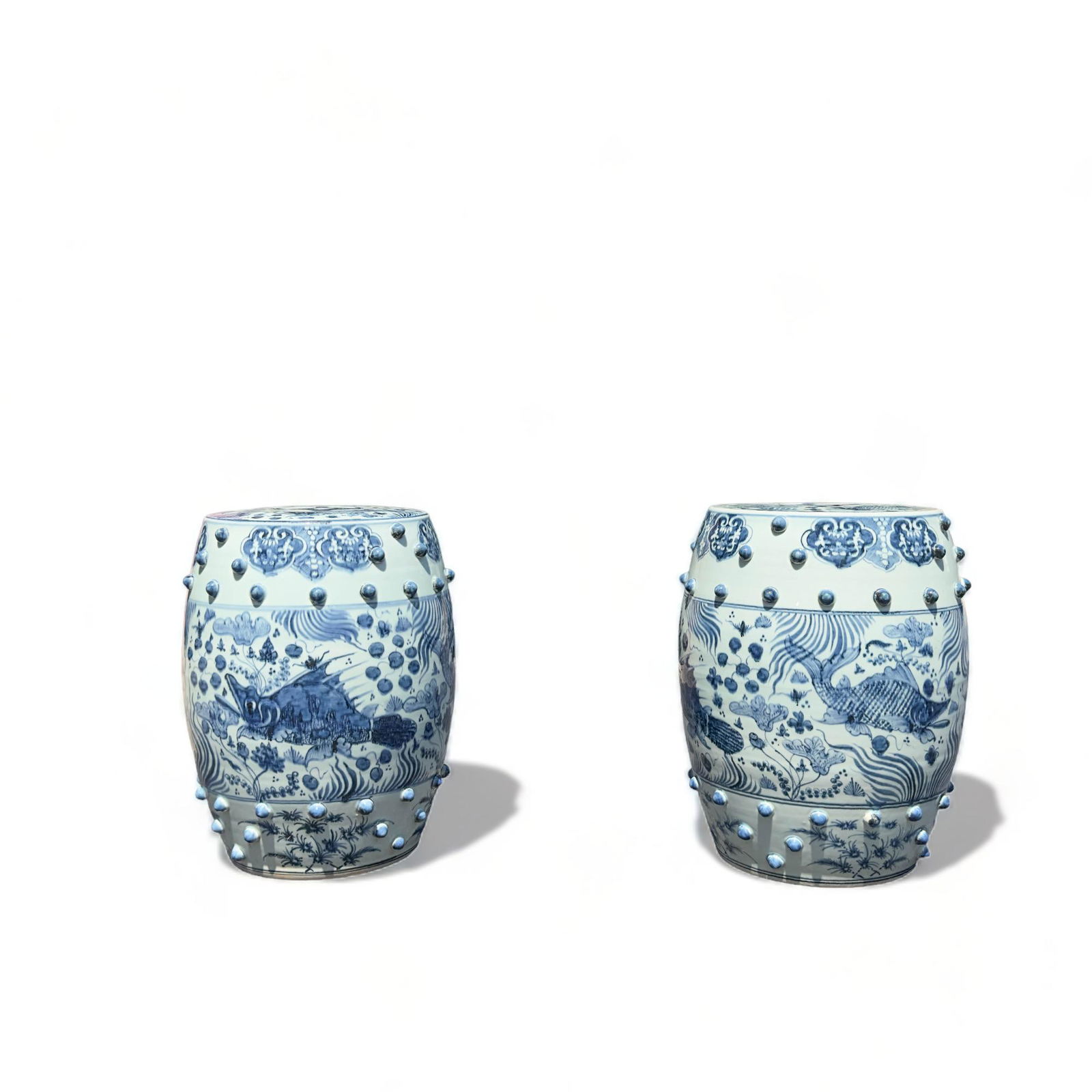 Chinese Export Qing, Coy Fish Motif, Blue and White Ceramic Garden Stools (1 of 9)