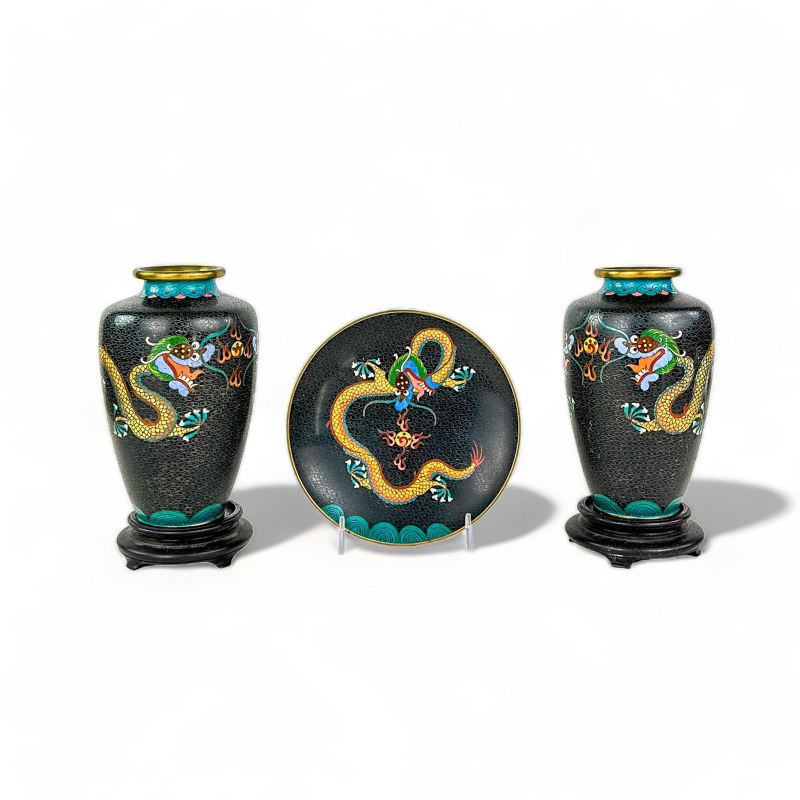 Asian Cloisonne and Enamel Vase (pair) and Small Plate (1 of 14)