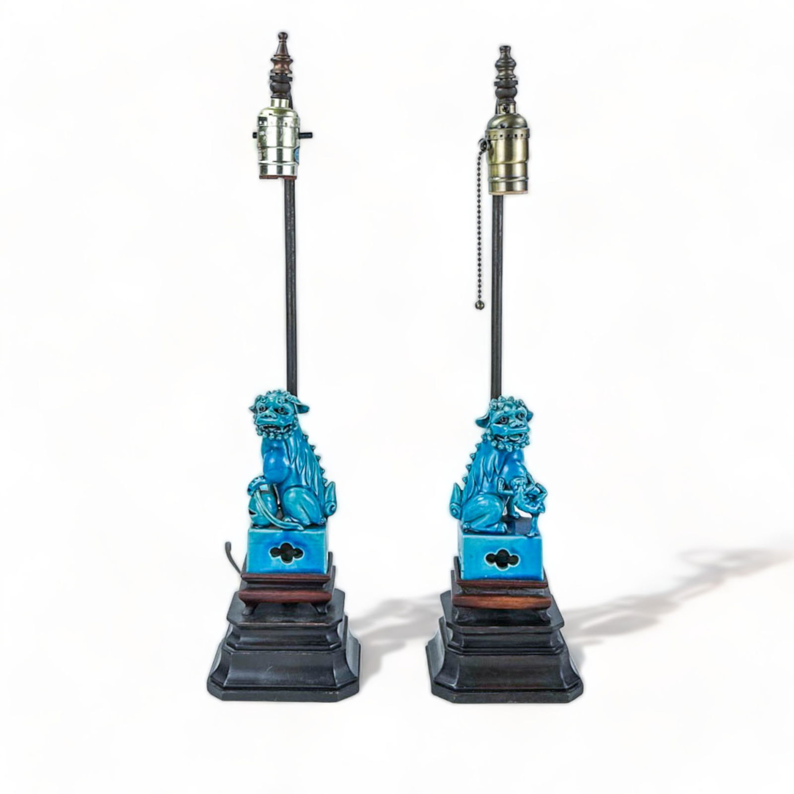 Pair of Blue Porcelain Foo Dog Lamps on Rosewood Base (1 of 14)