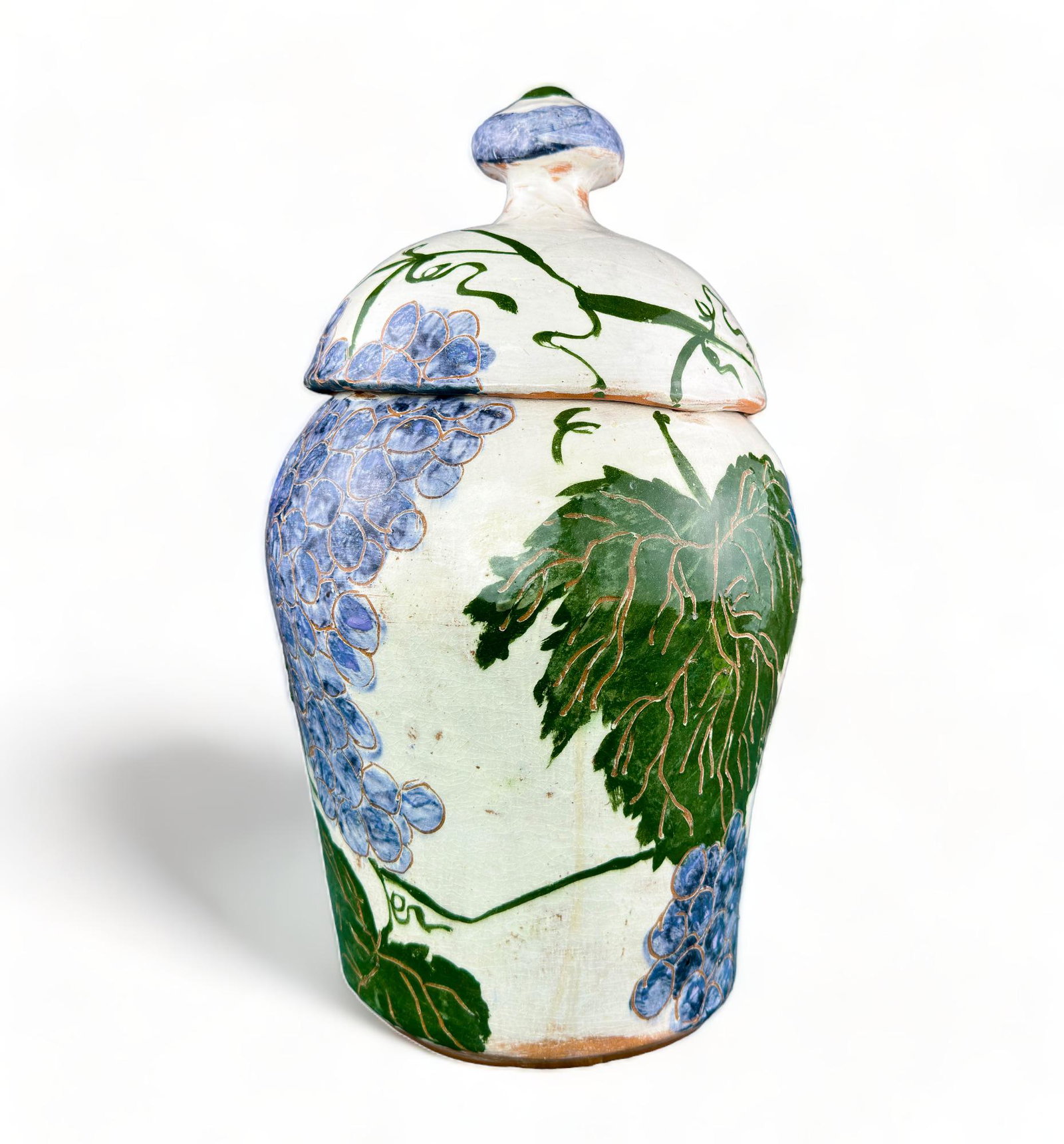 Mary Jane Allen Terraotta Lidded Jar: A beautiful Mary Jane Allen lided jar with painted grapevine design measuring: 9 1/2" x 15 1/2" H Priced $693
