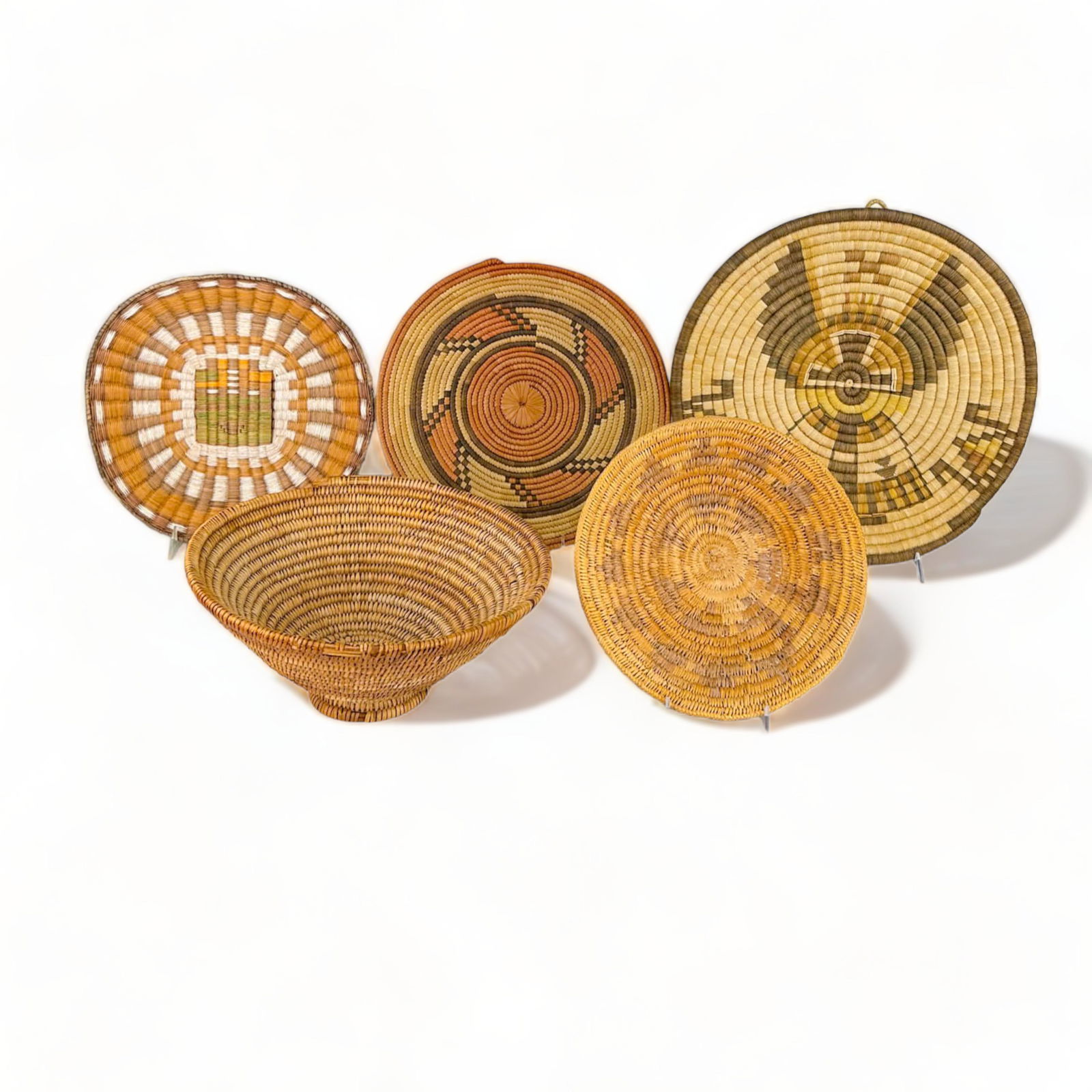 African Woven Decorative Baskets, Bowls: 9 1/2" - 15 1/2" D x 1" - 5 1/4" H