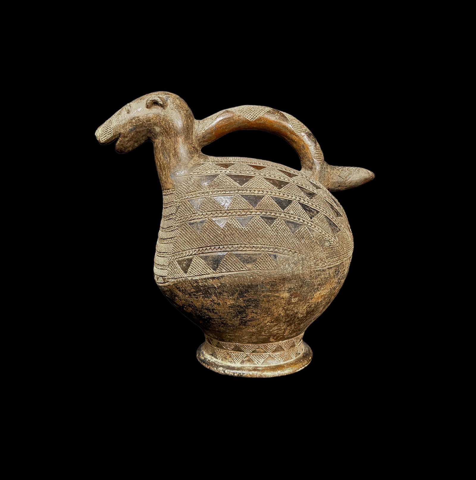 Earthenware Zoomorphic Pitcher or Vessel, Nigeria, Africa: This is a fine example of an African (Nigeria) zoomorphic scupture that measures: 11" W x 8" D x 12" H