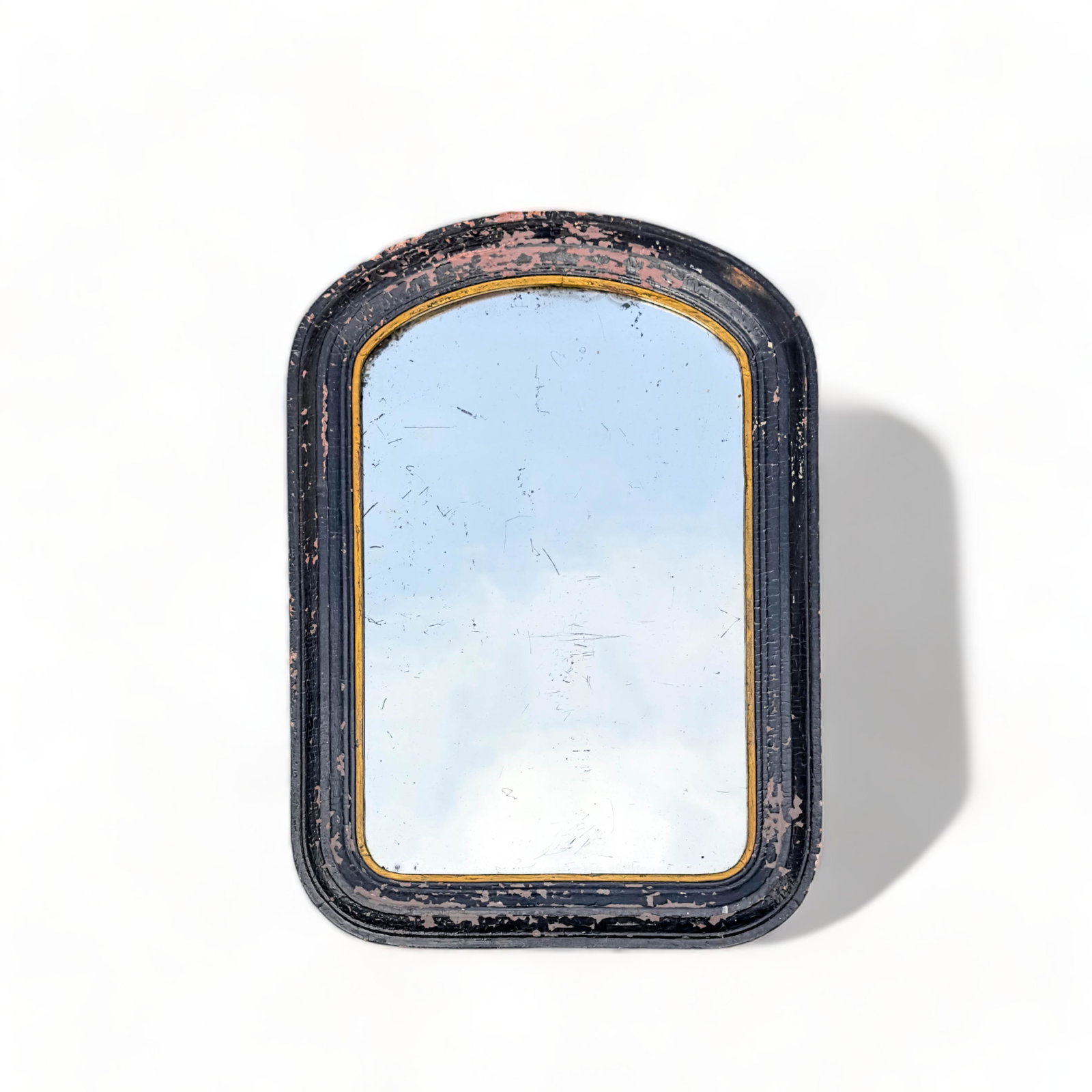 Antique Wavy Glass Mirror with Black and Gilt Painted Frame: 16" w x 22 1/2" H