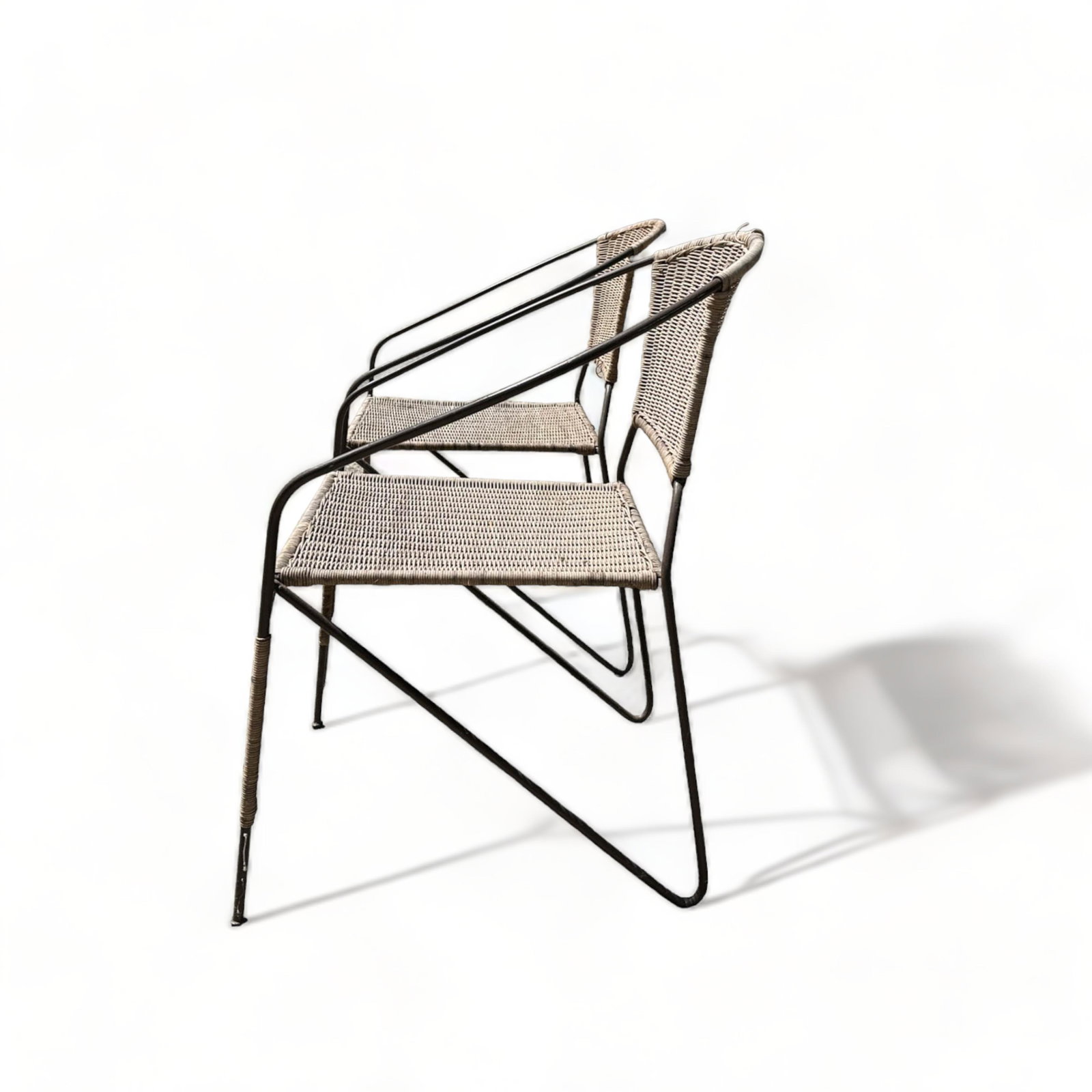 Hairpin Leg Wrought Iron and Wicker Arm Chairs, Pair (1 of 11)