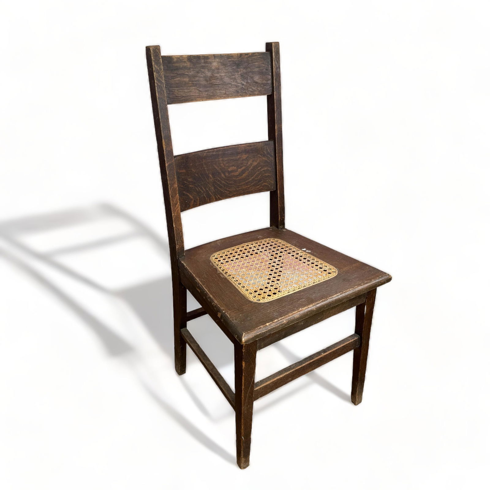 Antique Primitive Ladder Back Oak Side Chair with Cane Seating (1 of 11)