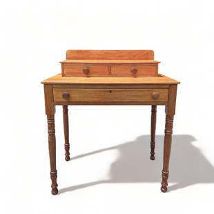 American Antique, Maple Wood Stepback Writing Desk: Rustic Style, Wonderfully Turned Legs and a narrow, step back, two level writing desk with three drawers. Measures 30.75” W x 16.75” D x 35.75” Overall Height 28.5” Height to F