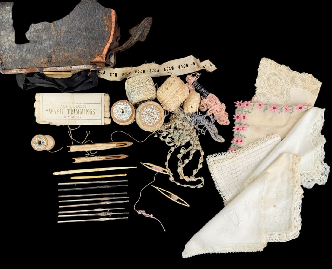 Antique Lace Making Tools and Accessories: Bone Thread Spool and Hook, Antique metal hooks, spools of cotton Thread, etc.