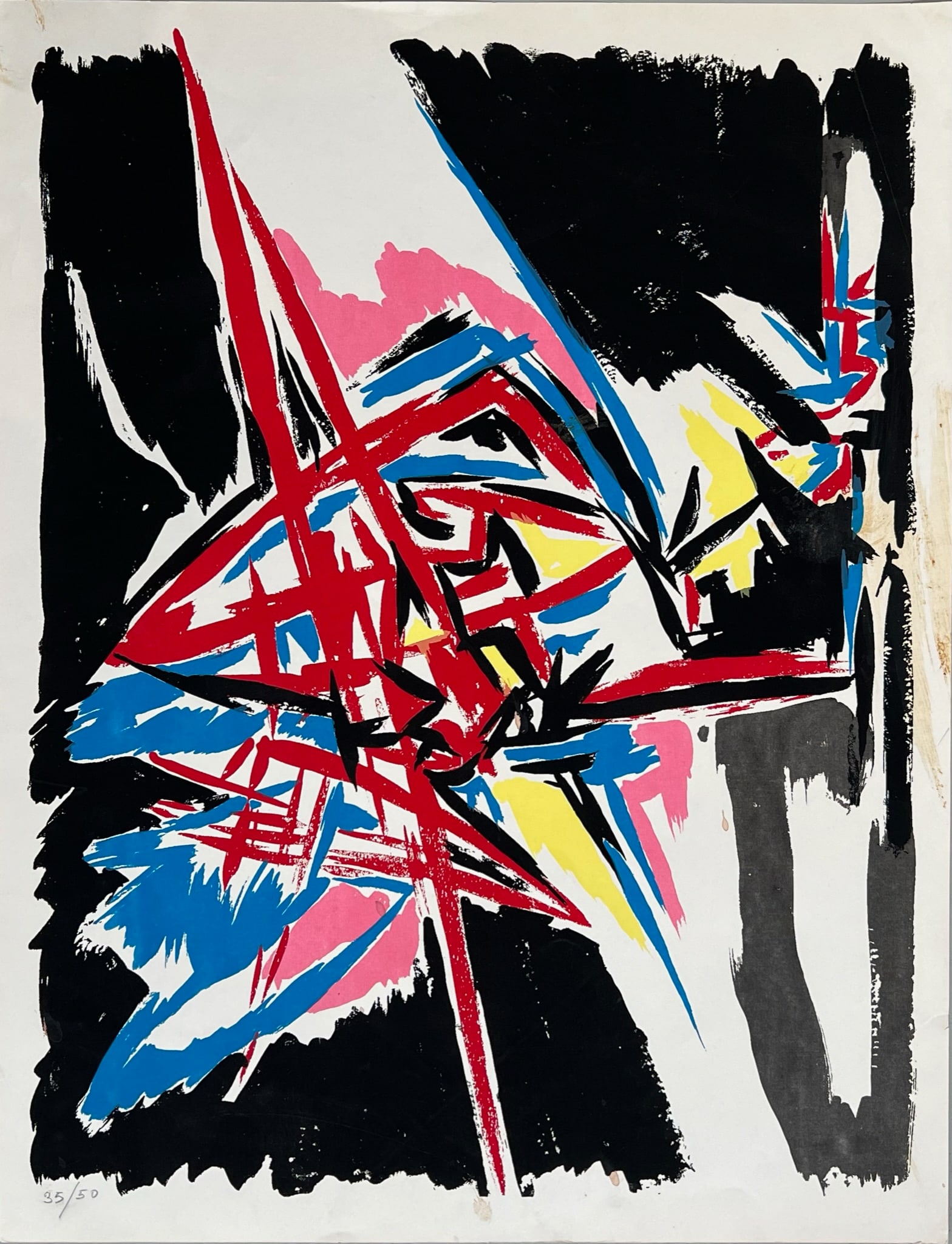 Angelo Savelli, (1911 - 1995) Black, Pink, Red, Yellow, Blue, Abstract Lithograph on Paper, Numbered (1 of 9)