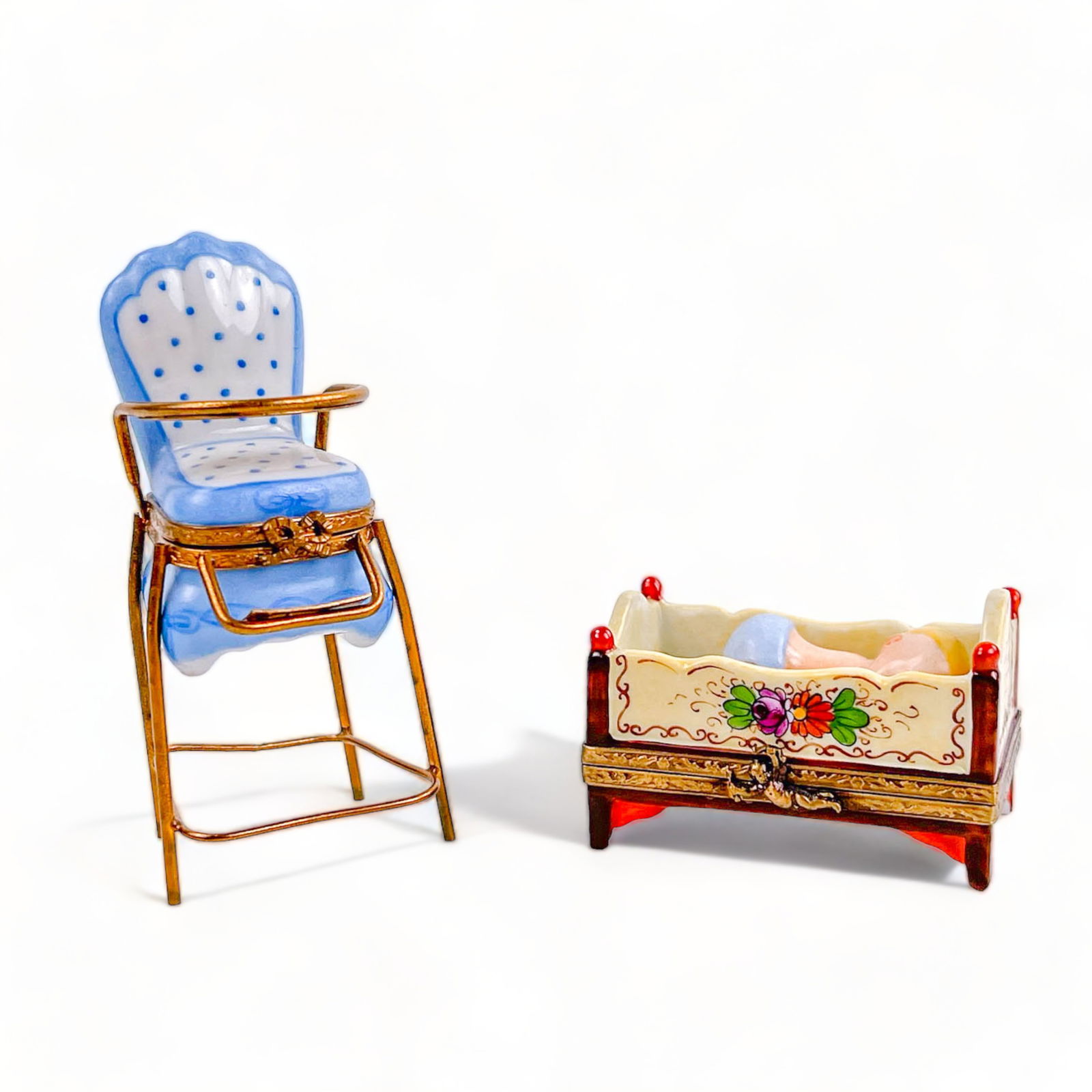 Limoges Baby Boy High Chair and Infant in Crib Trinket Boxes (1 of 16)
