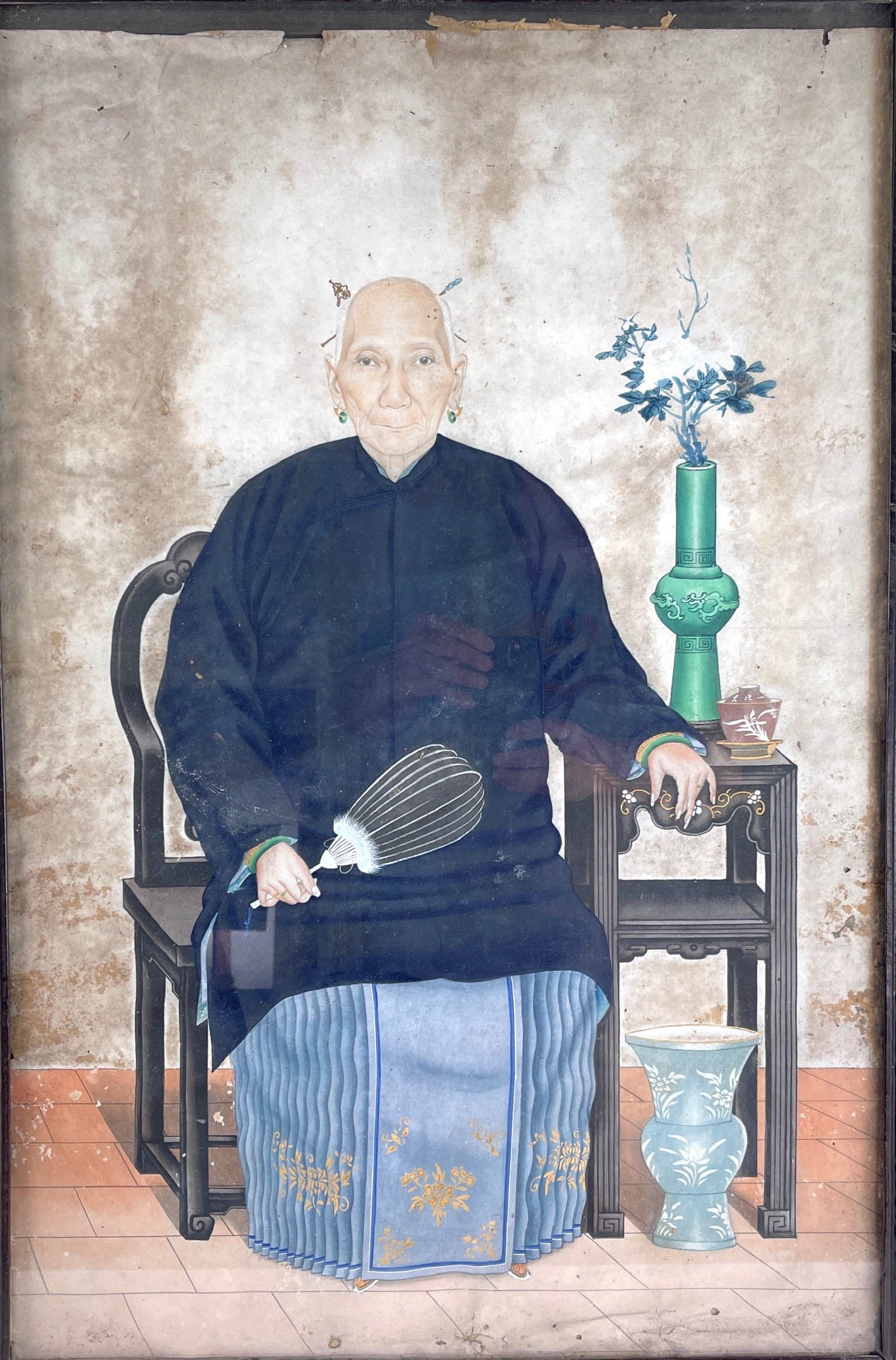 Chinese, Qing Female Ancestral Portrait: Seated woman in ancestral attire holding a fan. Extremely intricate detailed work. Antique tempera on paper. Ancestor paintings have a long important history 22.5" W x 33" H