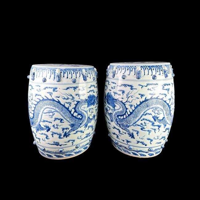 Antique Chinese Garden Stools Blue and White Dragon Motif (1 of 9)