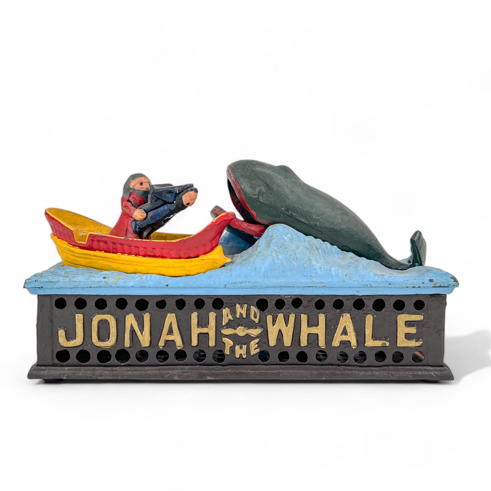 Vintage Jonah and the Whale Cast Iron Coin Bank: Made in Taiwan. Measures 10" W x 3 1/2" D x 5 1/2" H