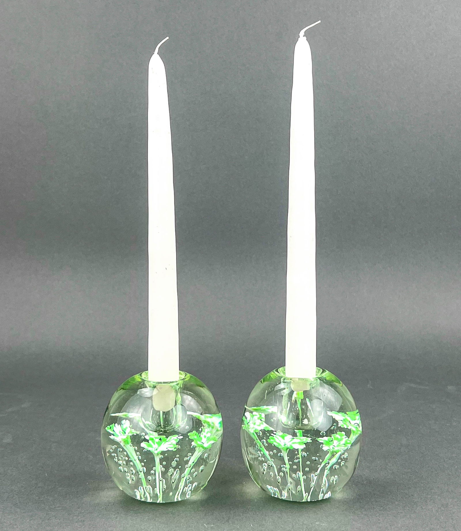 Vintage Blown Glass Candle Holders, Orrefors Style: Pair of botanical motif, hand blown glass candle holders. Measures 3 1/4" Dia x 3 1/2" H