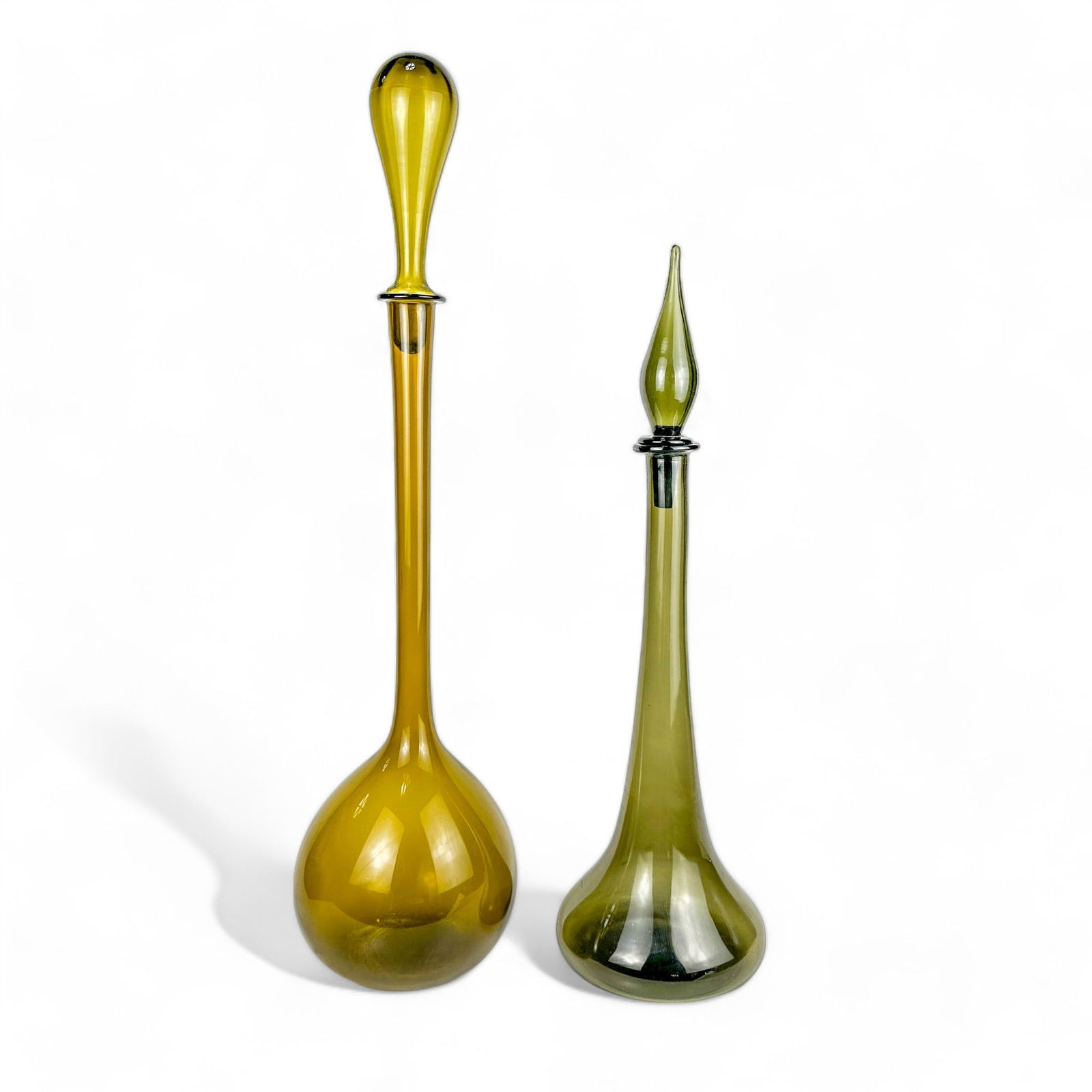 Mid Century Green Amber Glass Genie Bottle Shape Decanters, 32" Tall (1 of 13)