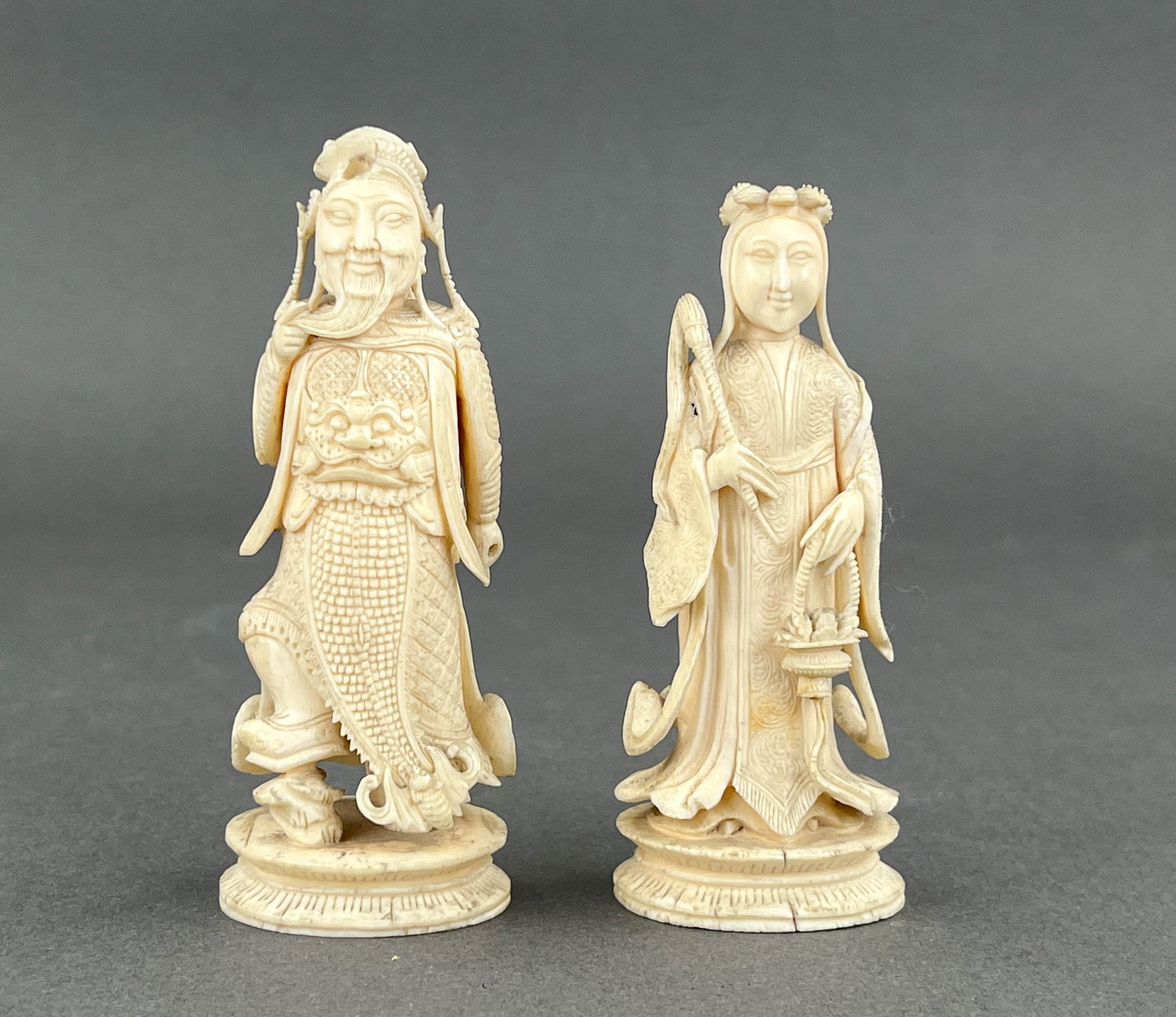 Antique Chinese Carved Bone Figurines: Asian King Figure Measures 1 3/4" W x 1 1/2" d x 4 1/4" H Queen Measures 1 1/2" W x 1 1/2" D x 4" H