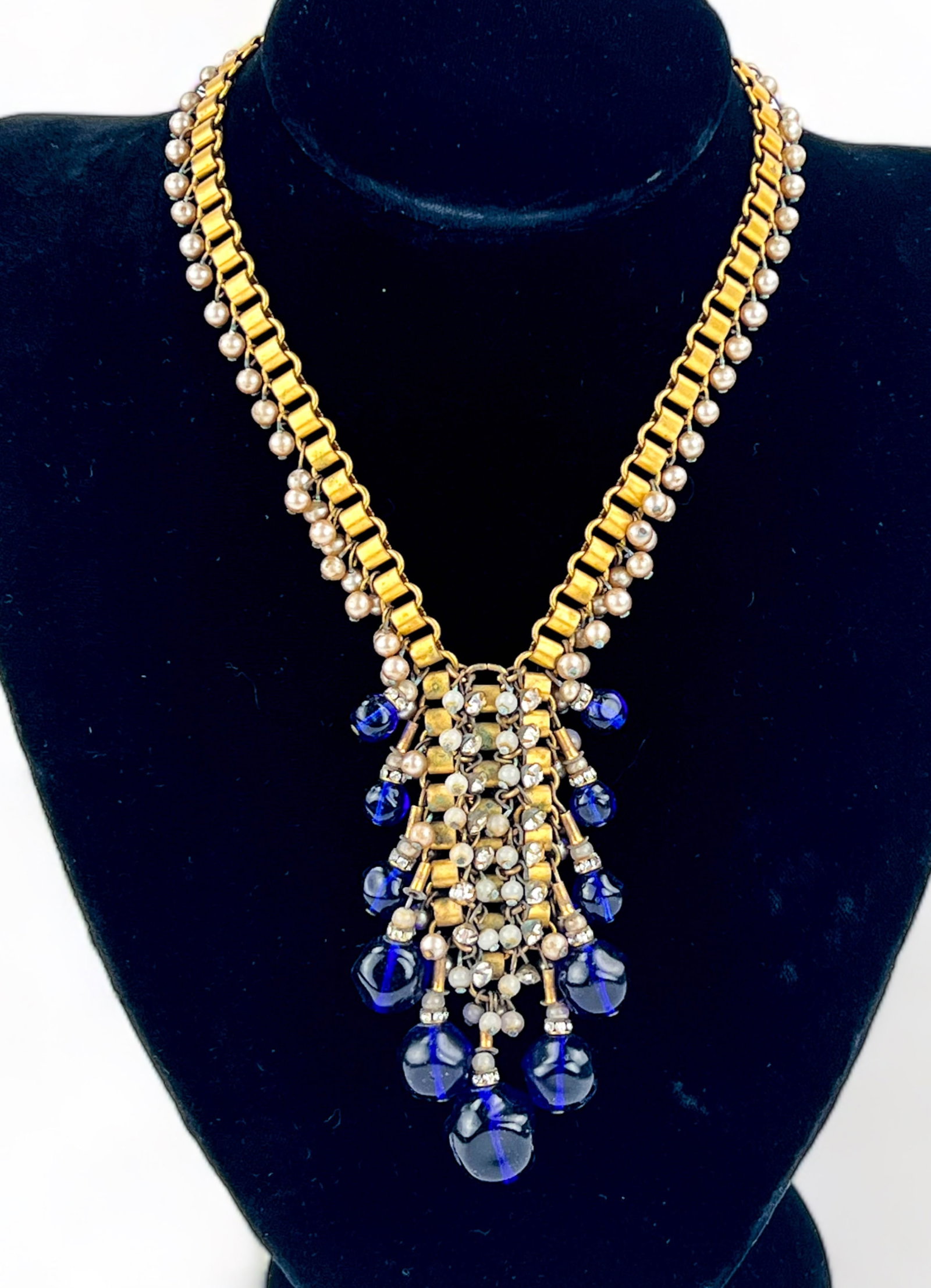 Phenomenal Cobalt Blue Glass, Pearl, Rhinestone Cluster Necklace: Phenomenal vintage gold tone, V- Neck collar necklace specimen. Measures 15 1/2" Long, Pendant around 2 1/4" W