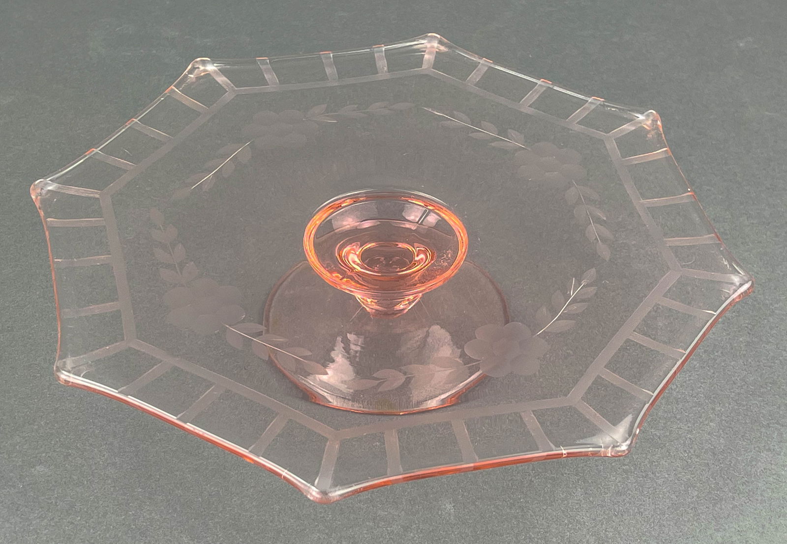 Vintage Pink Etched Glass Pedestal Cake Stand (1 of 5)