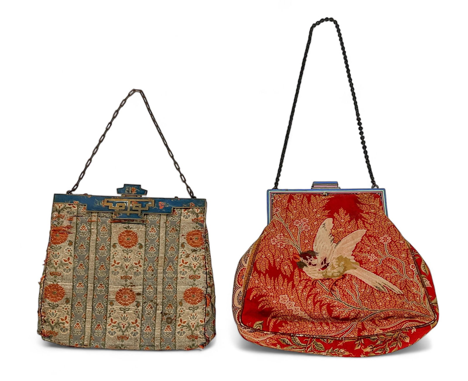 Antique Deco Purses with Silver and Enameled Clasp: Intricately Detailed Purses with Measures Asian motif fabric 7" W x 3 1/4" D x 6 1/2" H, 19" chain Yellow floral pattern 9 1/2" W x 3 1/2" D x 8 1/2" H, 15" chain