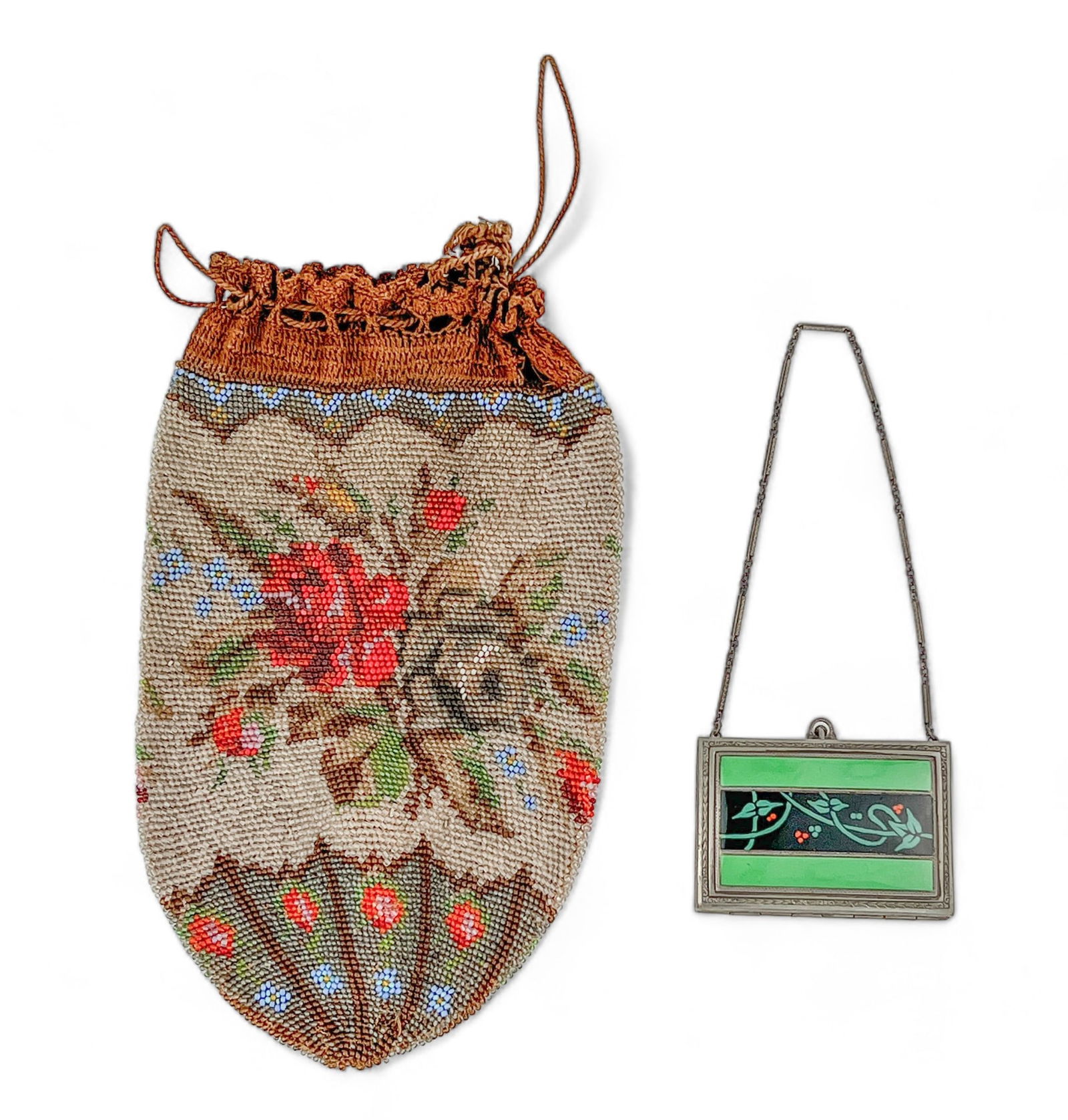 Antique Enameled Cigarette Purse and Beadwork Handbag (1 of 12)