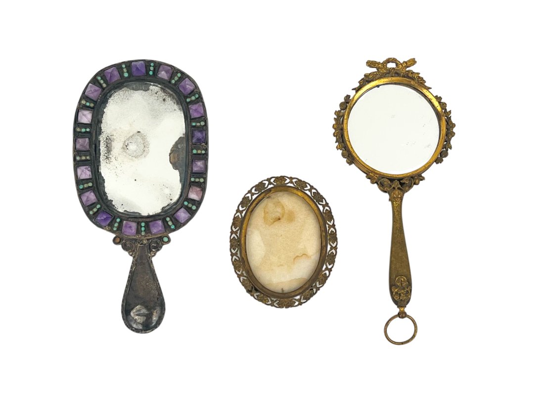 Antique Hand Mirrors in Sterling, Amethyst and Brass with Oval Gilt Bronze Frame (1 of 16)