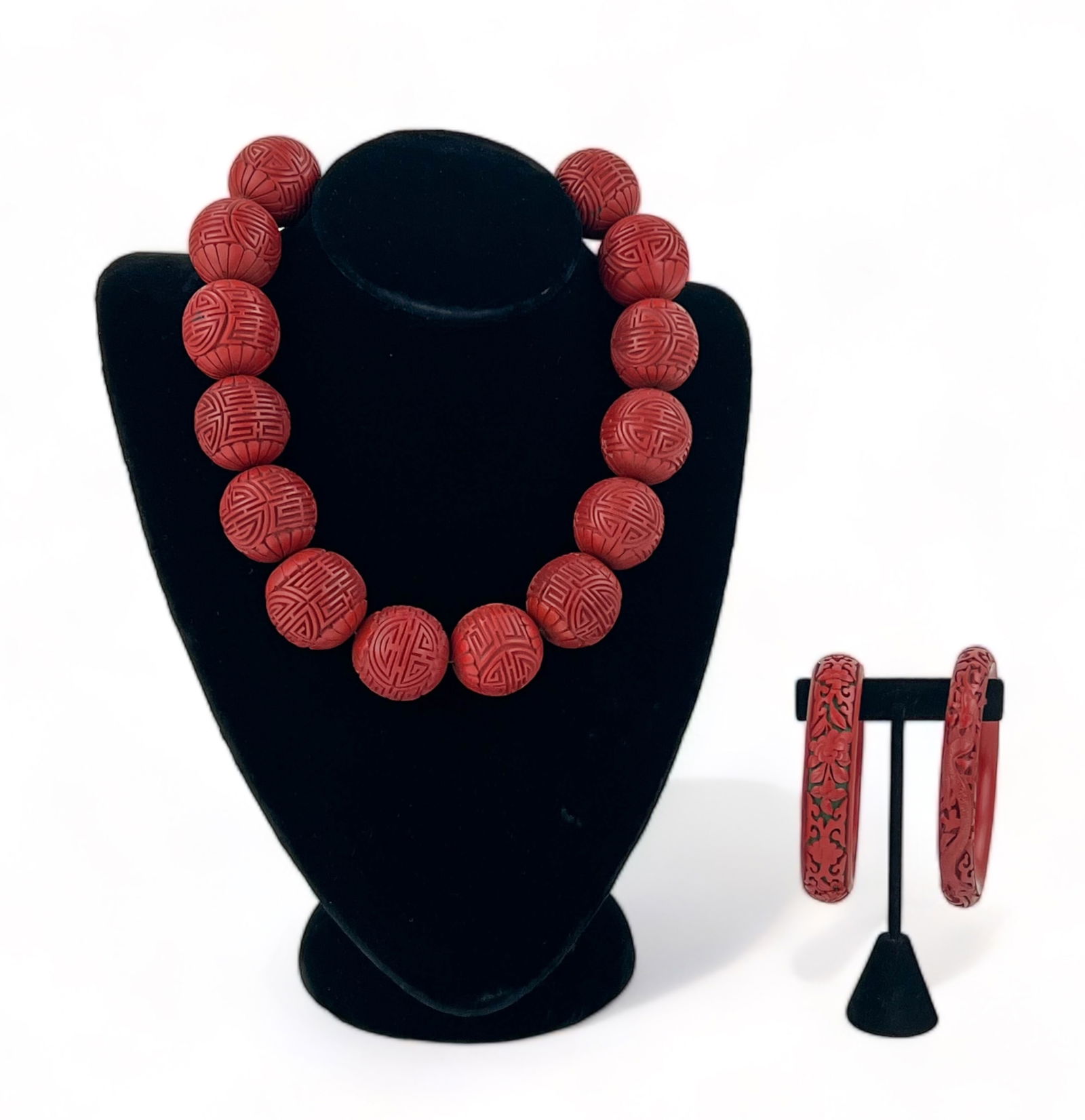 Antique Carved Cinnabar Necklace Beads and Bangle Bracelets (1 of 20)