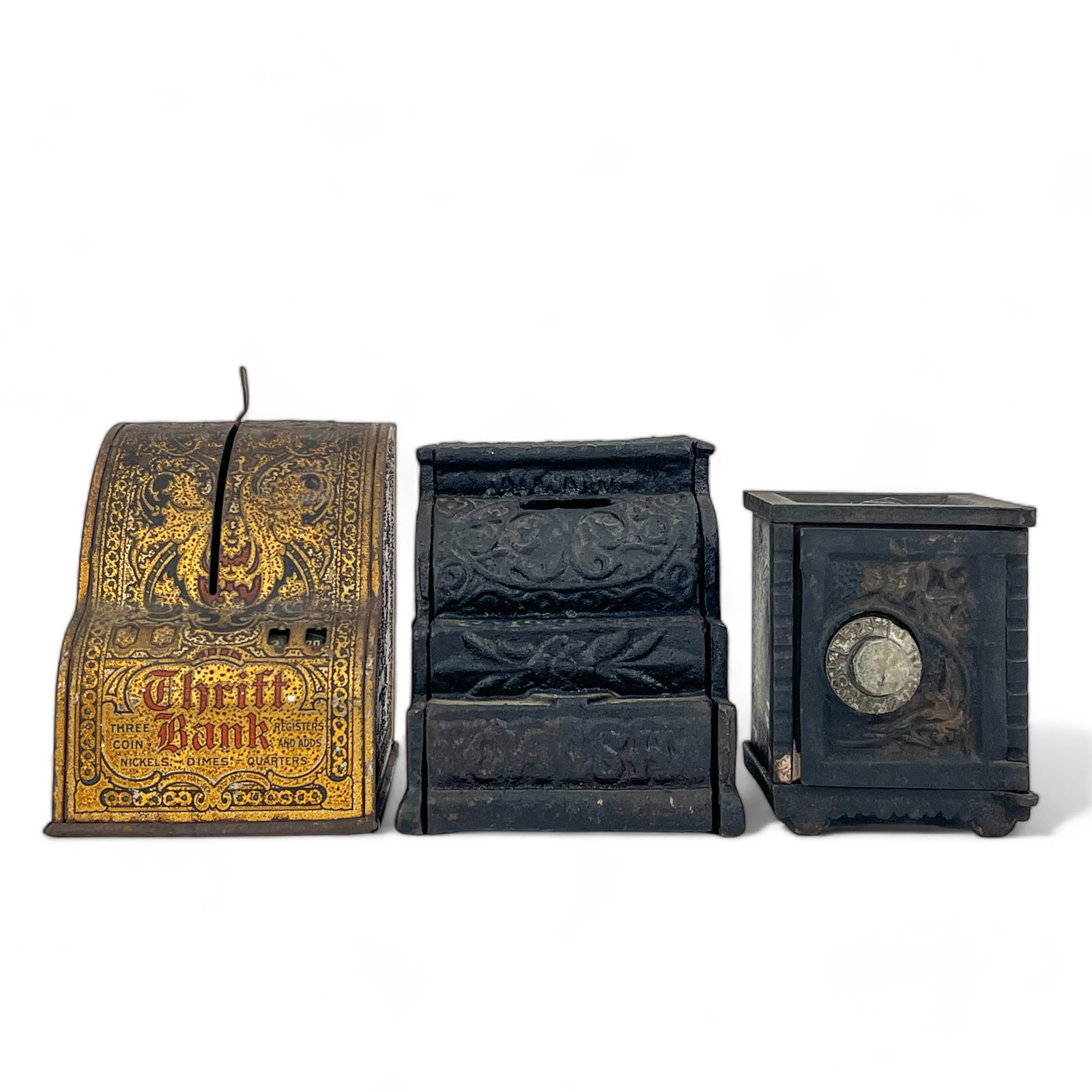 Three Vintage Banks, Tin Litho "Thrift Bank" Cash Register, Cast Iron Register and Safe (1 of 14)