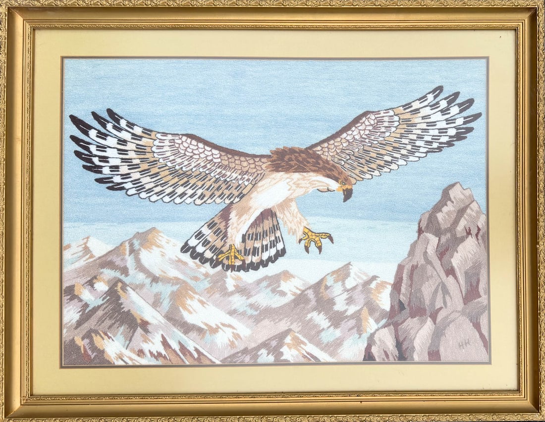Hand Embroidered Tapestry of Soaring Eagle, Framed (1 of 17)