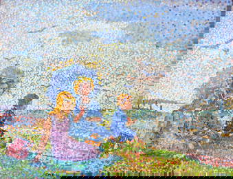 Yvonne Canu, French, Original Oil On Canvas Three Figures Beachside