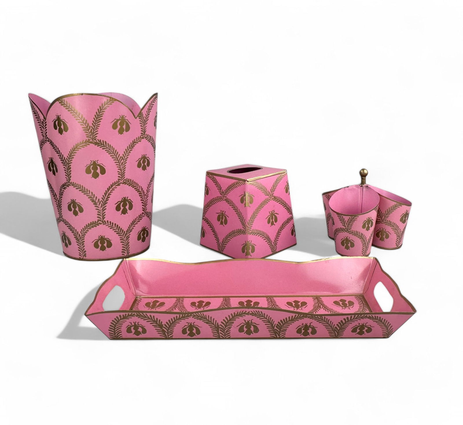 Vintage Mid Century Hollywood Regency Tole Powder Room Set with Gold Fly Motif, 4 pcs (1 of 9)