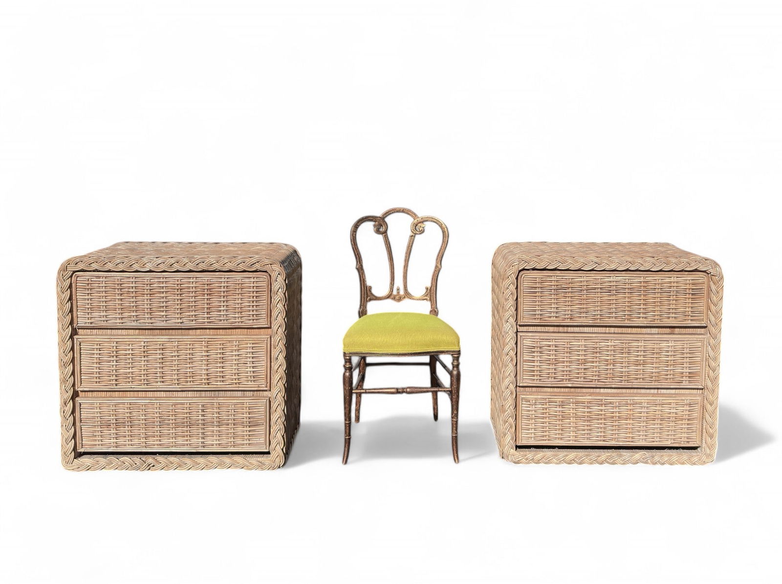 Pair, c1970 Woven Reed Rattan Low Boy Chest of Drawers or Night Tables Pair, c1970 Woven (1 of 10)