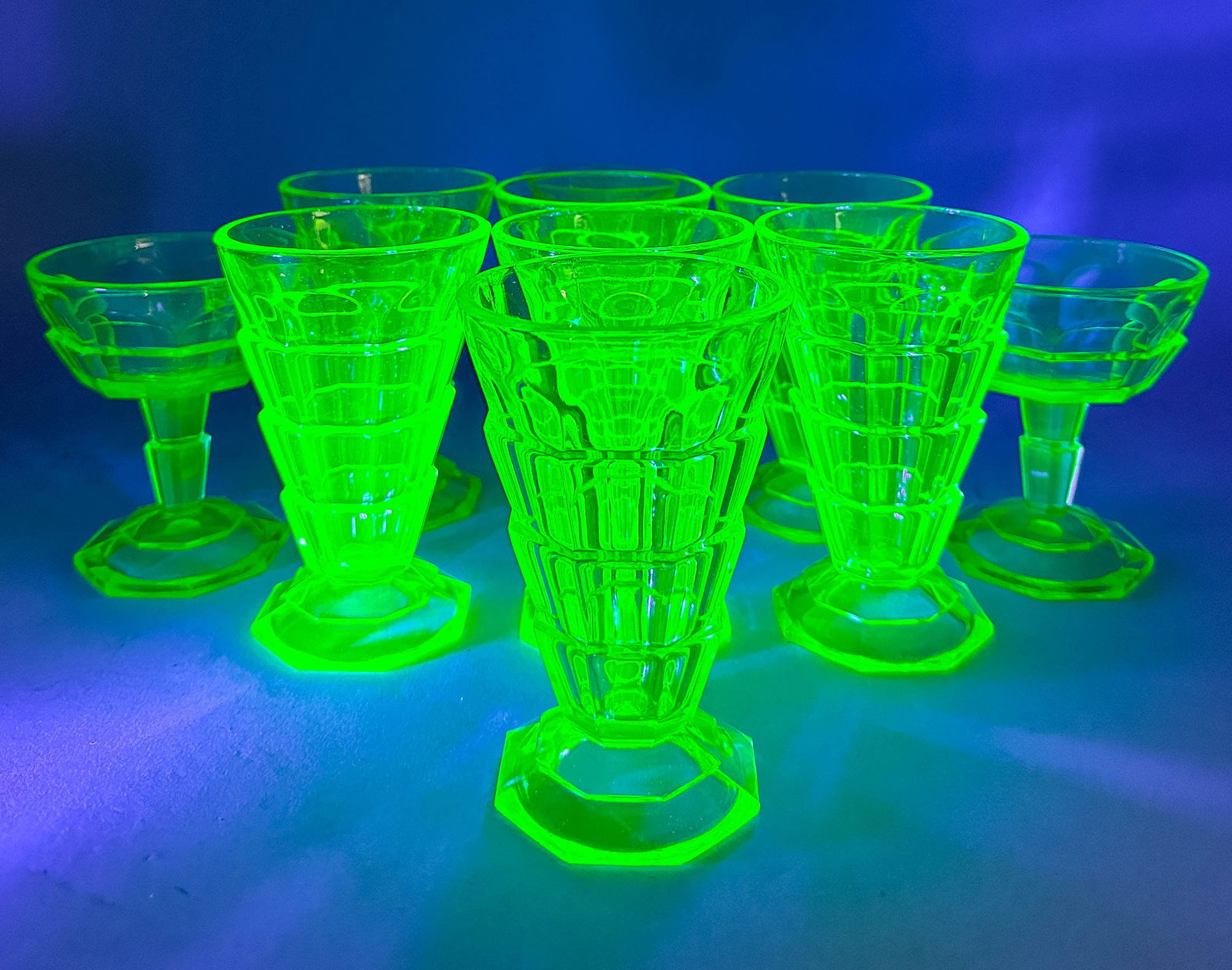 Antique Green Uranium Glass, Web Pattern Parfait Glass and Saucer Set, 21 Pcs (1 of 15)
