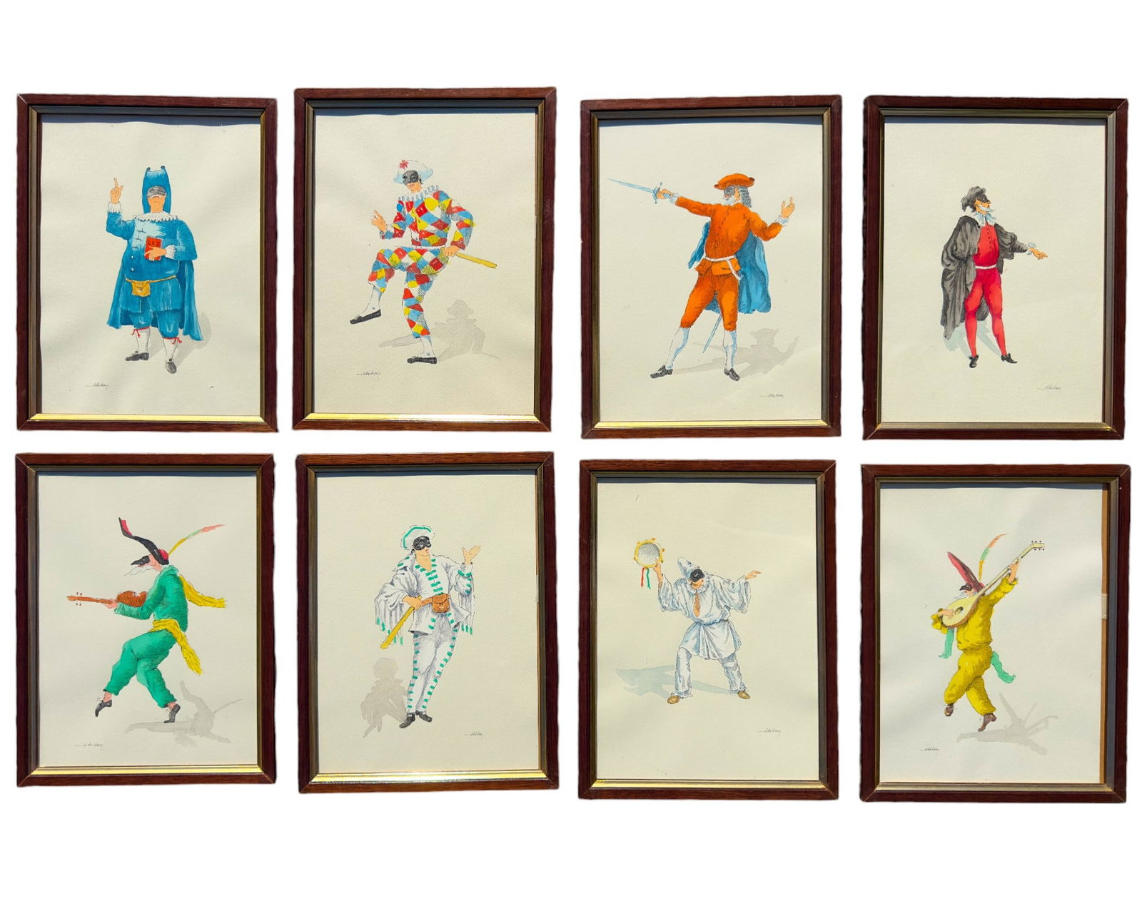 Watercolor Venetian Court Jester Portraits Signed, Set of Eight Framed and Signed in Pencil (1 of 15)