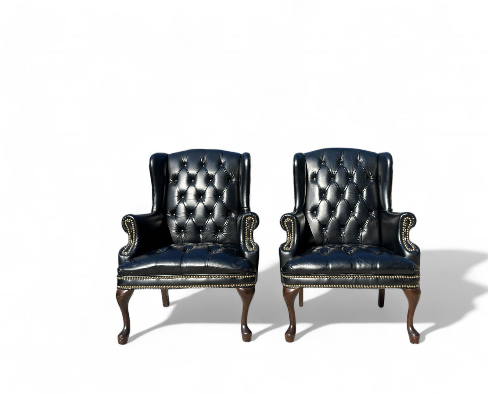 Pair Black Leather Tufted Back Wingback Arm Chairs (1 of 10)