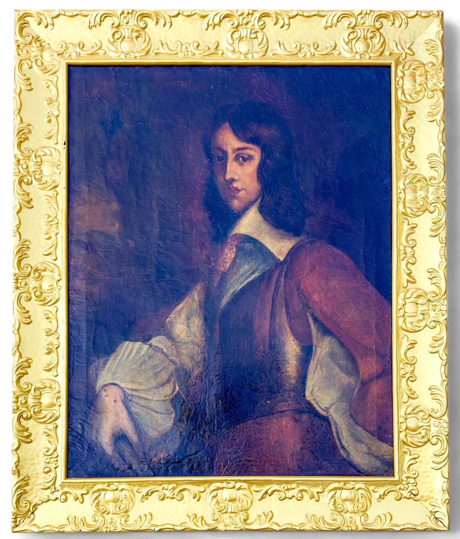 Young William III Portrait Oil on Canvas in Gilt Frame: Large Antique Oil on Canvas Portrait of a Young Man in 17thC costume. This painting bears remarkable similarity to a portrait of William III as a child, by Adriaen Hanneman, son of William II of Holla