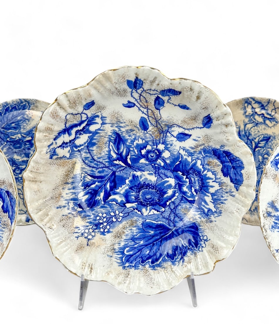 Dunn Bennett & Co. Burslem Flow Blue Transferware Plates with Gold, 6 pcs (1 of 12)