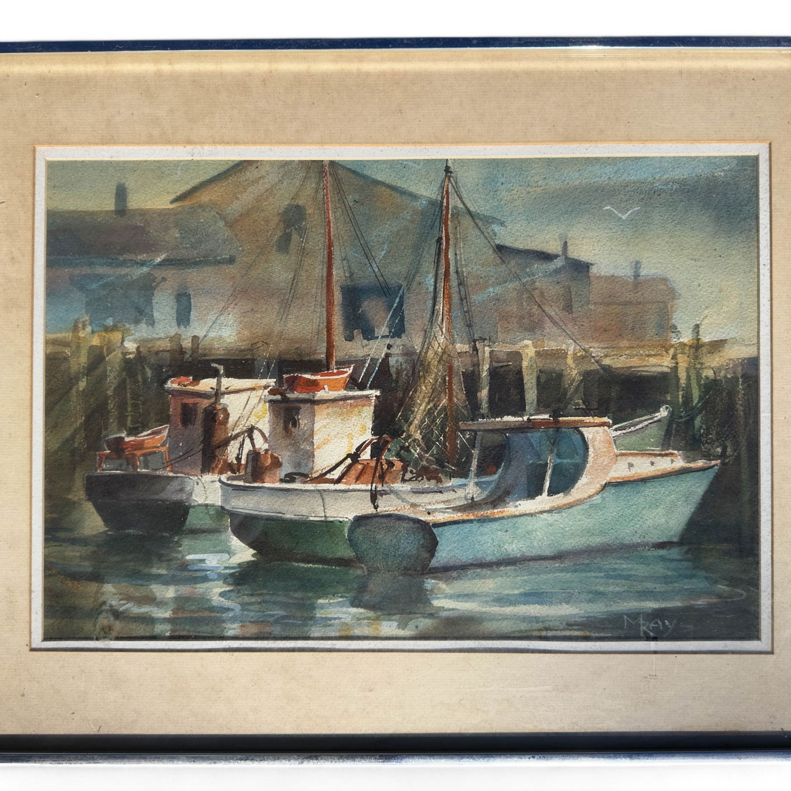 M. Ray, American Watercolor of Fishing Boats at Dock: Signed M. Ray, a Mid Century Watercolor of Boats docked in the harbor. Frame Measures 26" W x 20" Inside matte is 20" W x 13" H