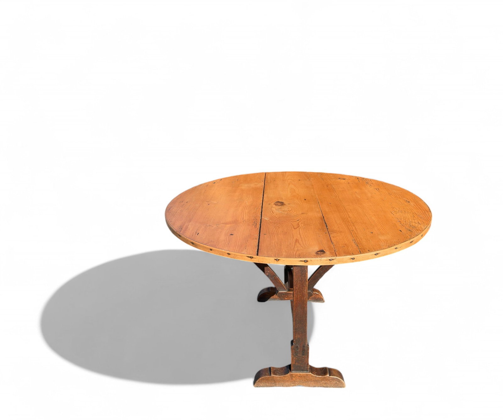 Exceptional Antique French Tilt Top Wine Tasting Table: Phenomenal 19th Century 47" Round Antique French tilt top table with swinging self hinge base. Bent wood trim around the tables edge. Hobnail detail. Measures 47" in Diameter, 29" H