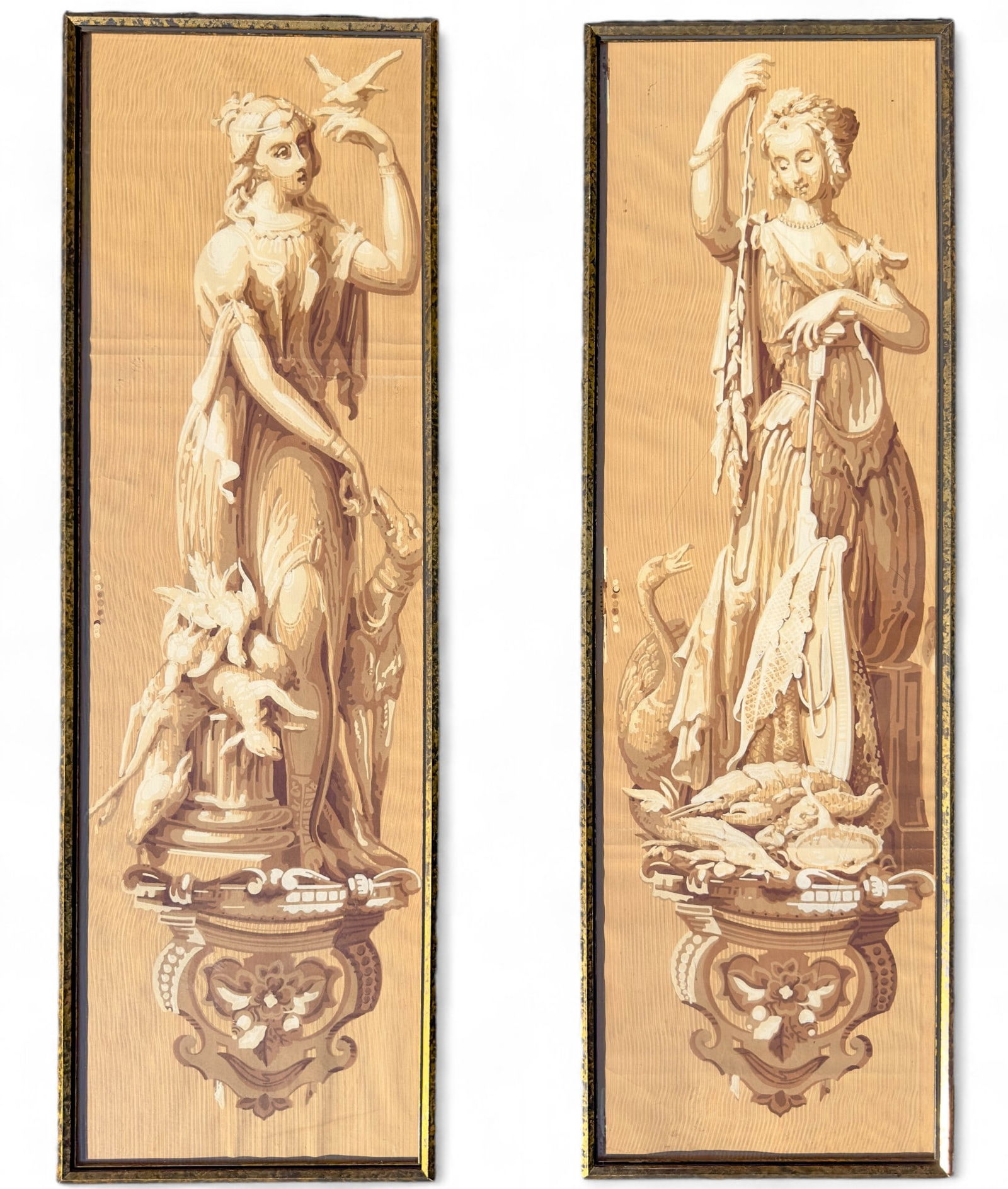 Pair, Antique Framed French Silk Screened Wallpaper (1 of 10)